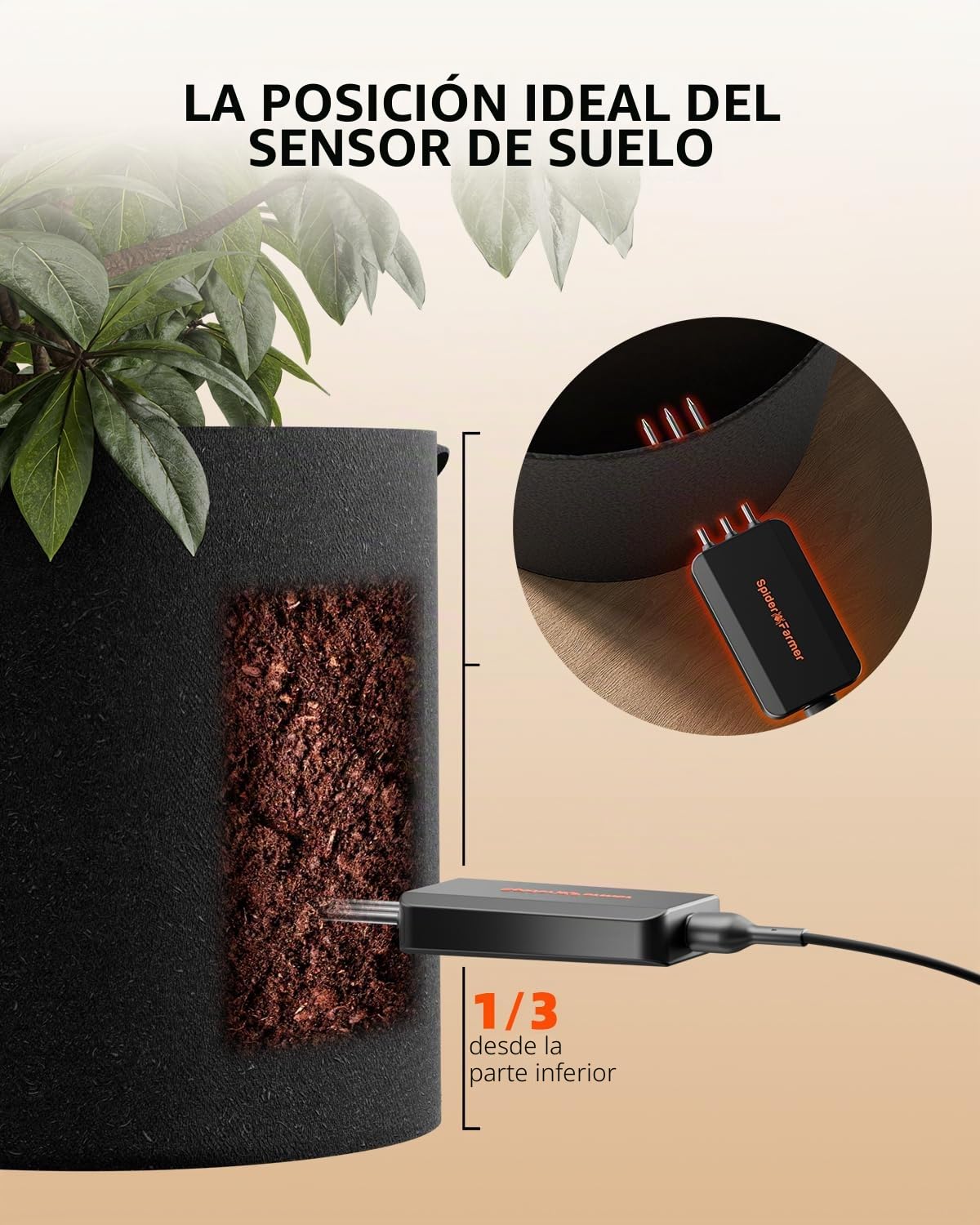 Spider Farmer GGS 3 en 1 Sensor de suelo Pro 3Pcs, medidor de temperatura de humedad de la CE con control de APP de soporte RJ12 para la habitación de tienda de cultivo interior del jardín