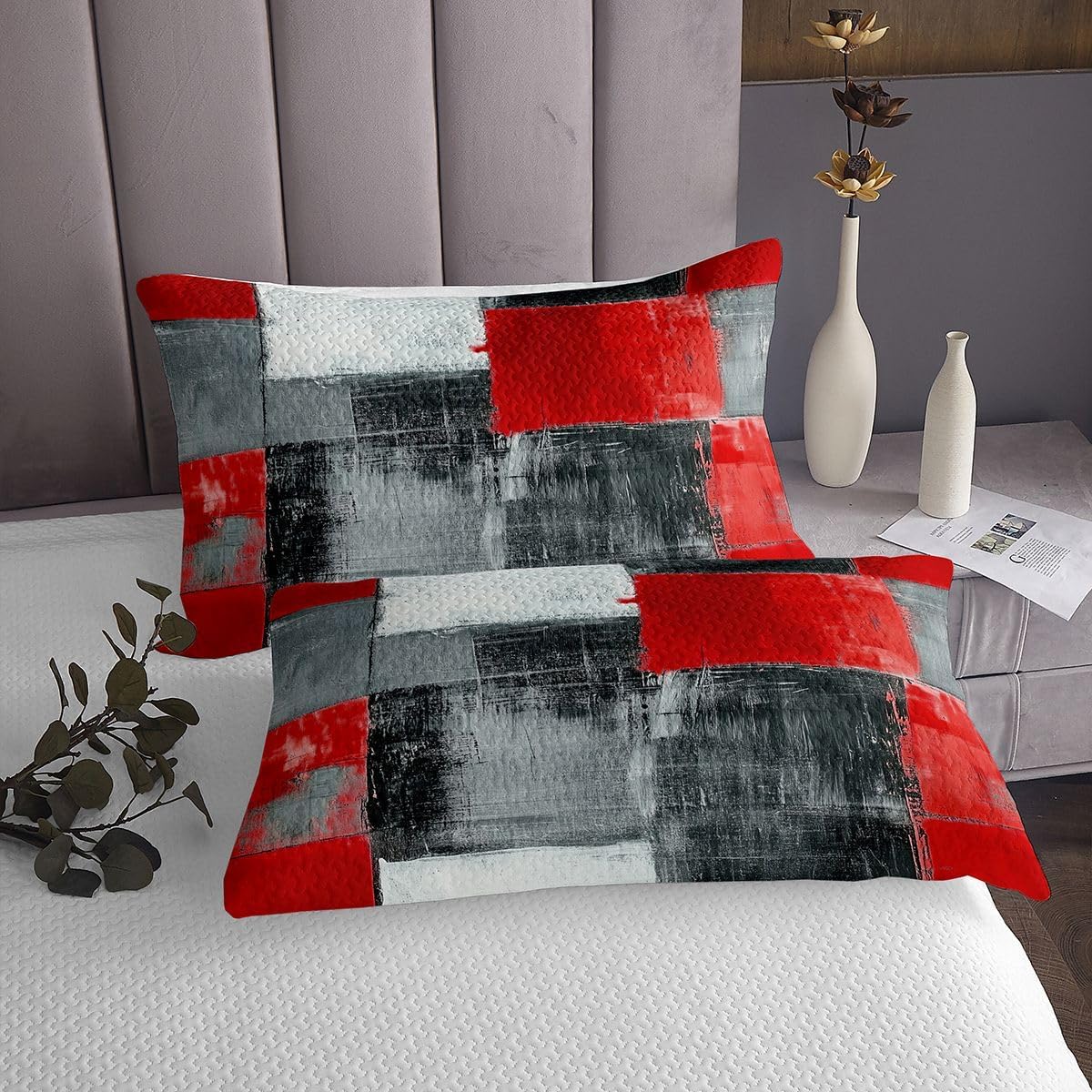 jejeloiu Red and Black Abstract Bedspread Quilts Modern Art Coverlet Set Twin Size for Kids Boys Girls Luxury Quilted Coverlet for All Season with 1 Pillowcase Microfiber