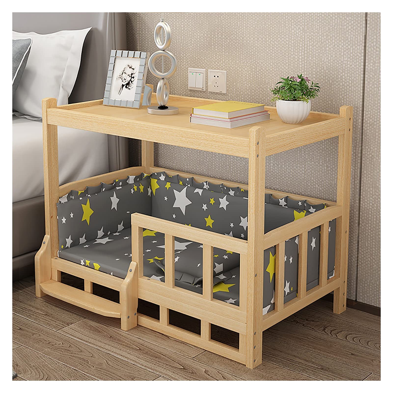 Cama elevada de Madera para Gatos y Perros con Ropa de Cama, Valla y Escalera, Perros pequeños, Grandes y medianos