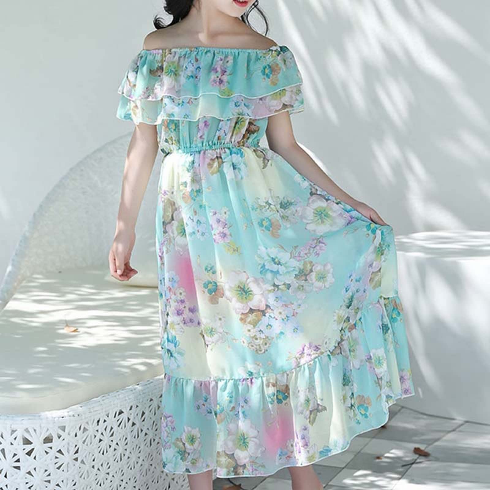 Kleid Kinder Mädchen - Chiffonkleid FüR Mädchen Im Sommer Im AusläNdischen Stil Mittellang Strand Schulterfrei Blumenkleid FüR GroßE Kinder Eignet Sich Als Hochzeitskleid FüR BlumenMädchen