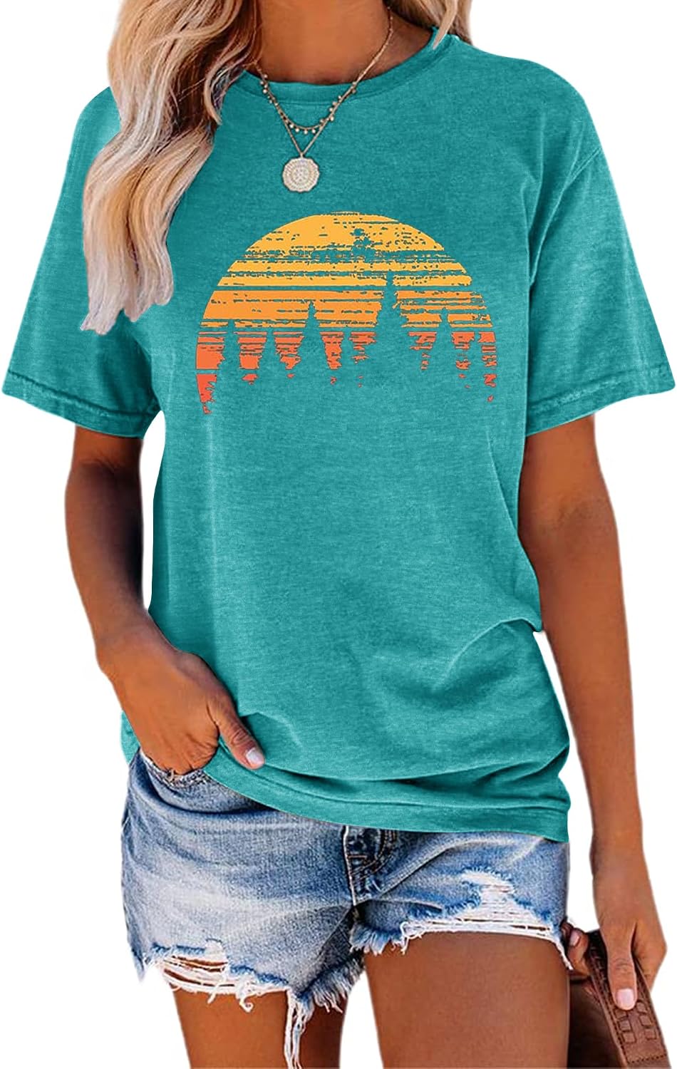 GEMLON Womens Graphic Tees Hiking Camping Shirts Vintage Sunset Graphic T Shirts Summer Casual Short Sleeve Shirt