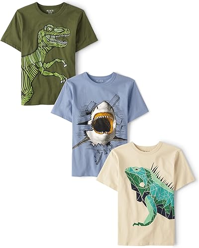 The Children's Place Camisetas gráficas de manga corta con diseño de animales para niños, 3 unidades