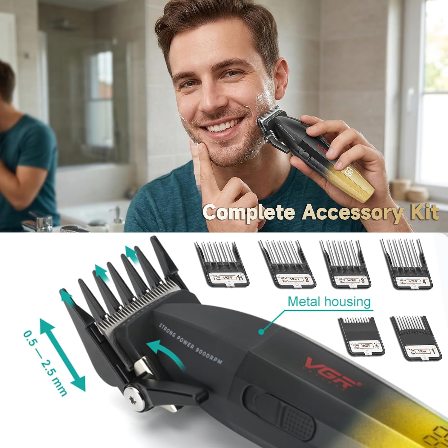 VGR 003 Fresh Fade Hair Clipper, Professional Hair Trimmer, Cord/Cordless Rechargeable Hair Cutting Tools with LED Display, 9000 RPM Barber Clippers, Gold
