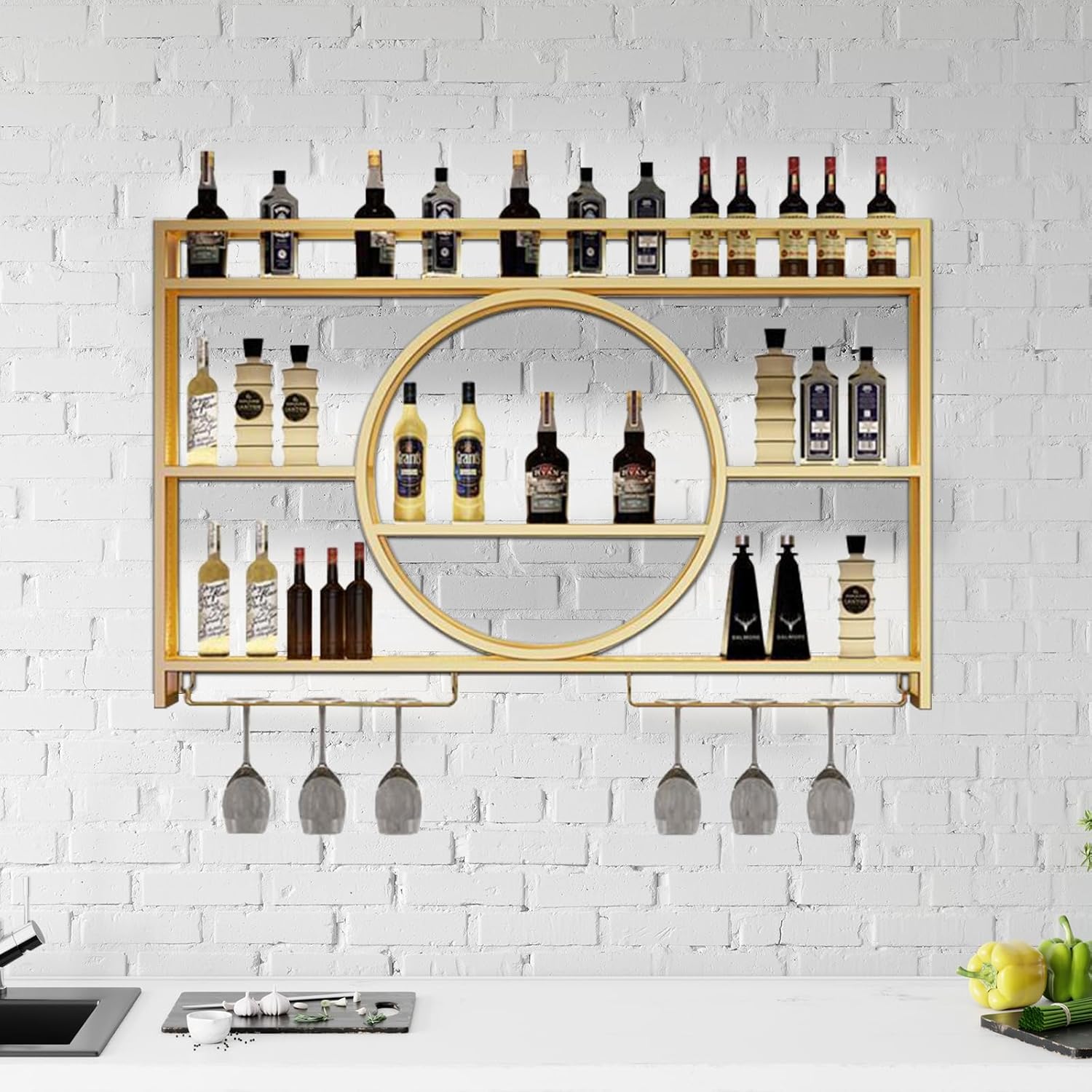 Metal Wine Rack Wall Mounted Bottle Glass Holder Hanging Shelf, Bar Unit Floating Wine Display Shelves Iron Liquor Shelf for Home Restaurant Bars Storage Stand (Gold, 39.4"x 5.9"x 31.5")