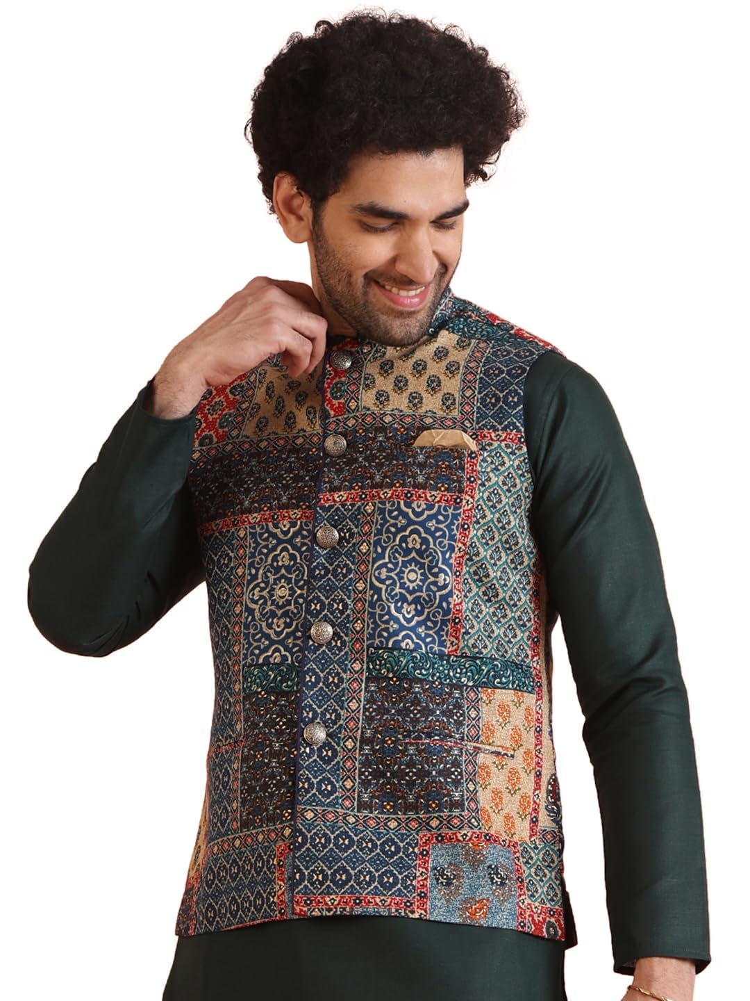 Kisah Men's Ethnic Wear Regular Fit Printed Cotton Blend Multi-Green Nehru Jacket-38
