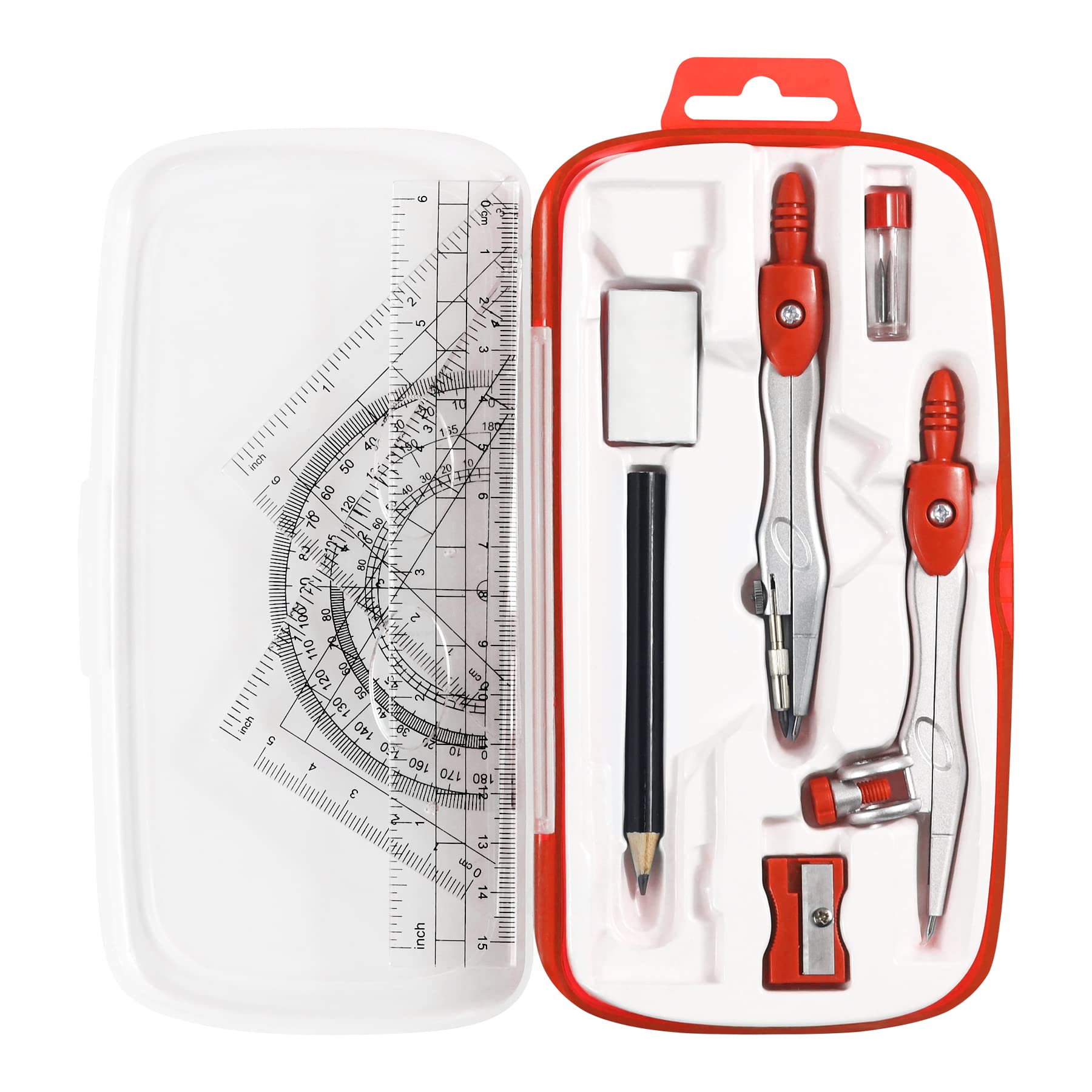 Unjoo Math Geometry Set 10 Pcs, Compass and Protractor for Students (Red