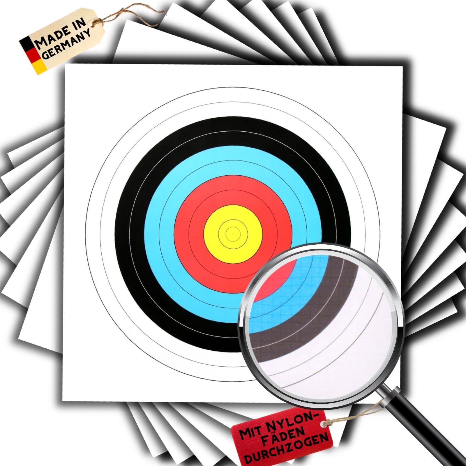 10 Stück Zielscheibenauflage nach FITA Abmaßen mit Nylon Fäden, Ø 80cm | Bogenschießen Zielscheibe Auflage 80x80 cm, 10 Ring Zielpaper für Jagd & Training Schießen