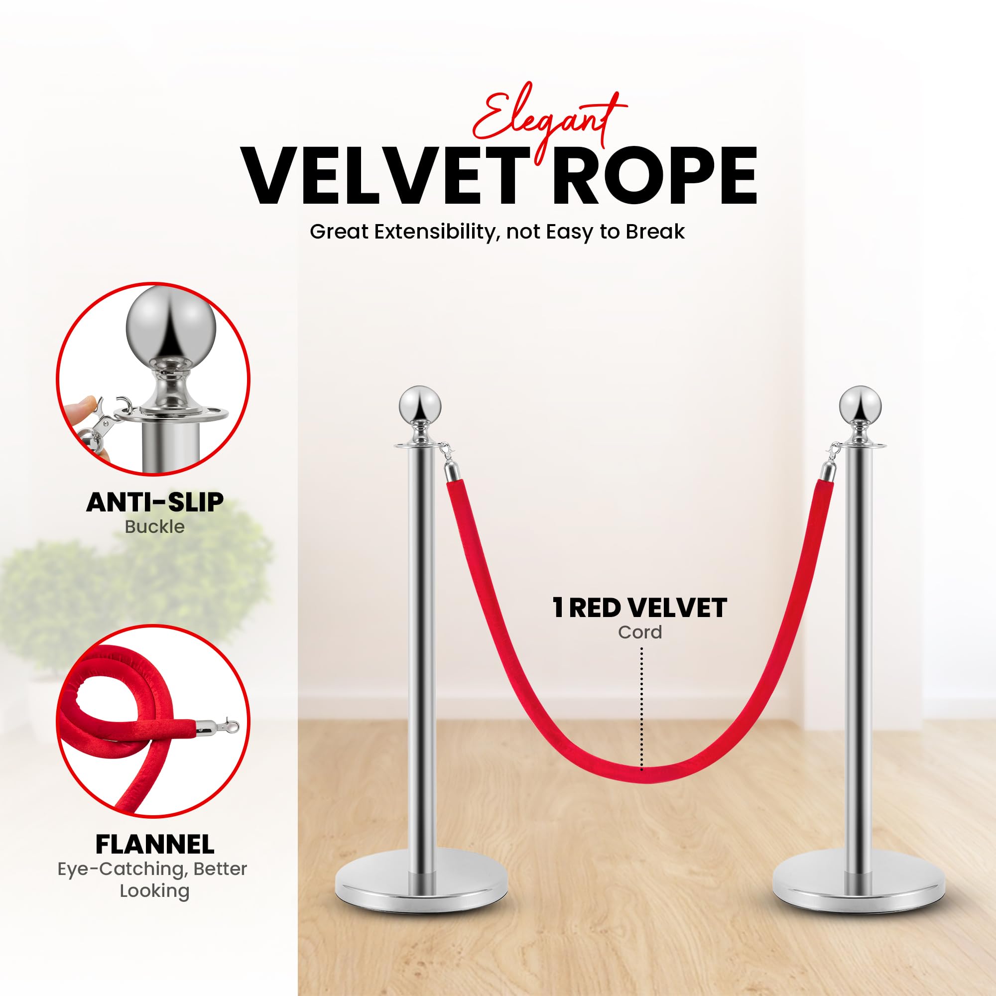 Postes Separadores de Acero Inoxidable 90 cm, 2 Piezas, Cuerda de Terciopelo Rojo 1,5 m, Control de Multitudes
