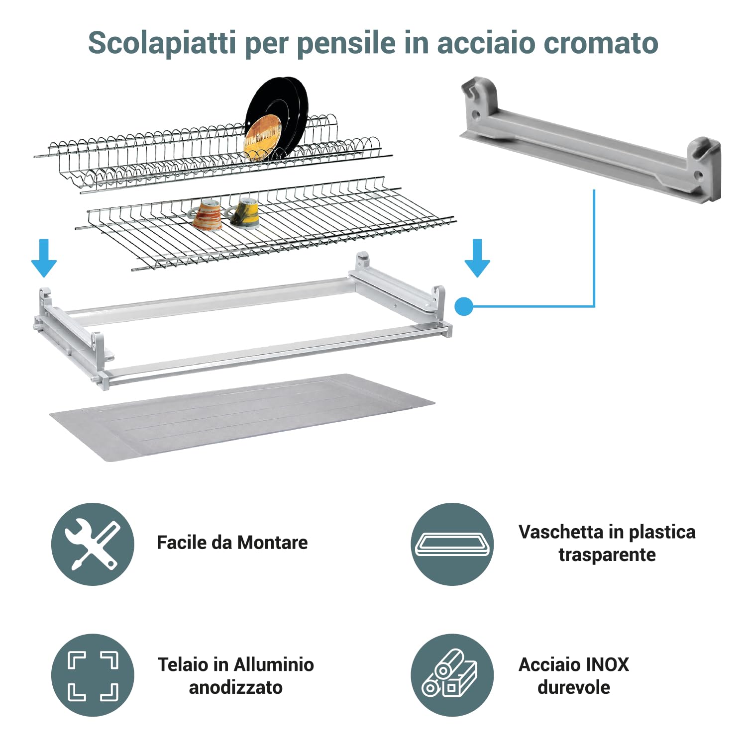 Crisalide® Scolapiatti per Pensile in Acciaio Cromato, Modelli 86 cm, Telaio in Alluminio Anodizzato, Vaschetta Raccogligocce Trasparente, Porta Piatti e Bicchieri per Cucina
