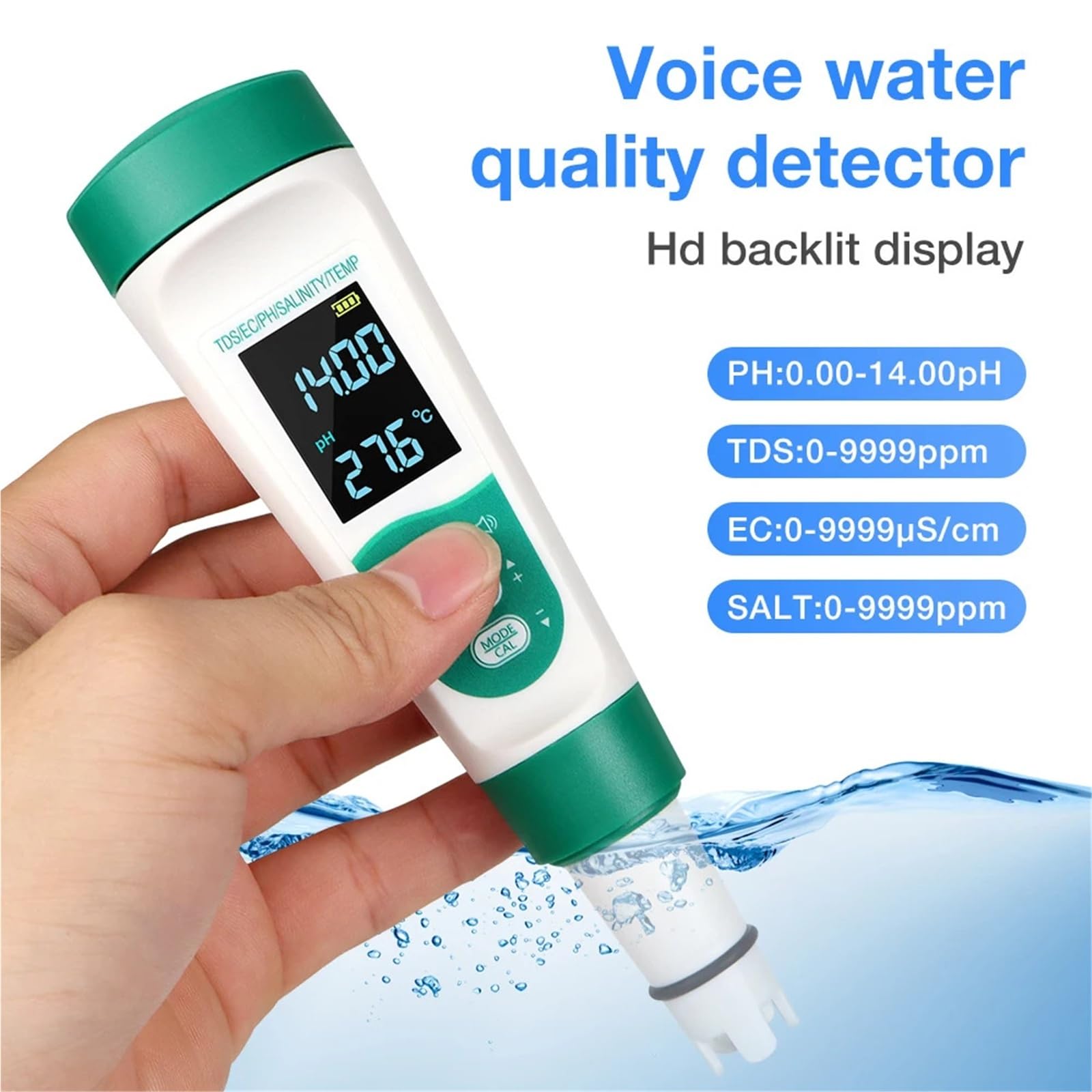 Testeur de pH 5 en 1, température, TDS, EC, salinité, Moniteur numérique Rechargeable qualité l'eau, testeur sel for Aquariums et piscines Précision portative