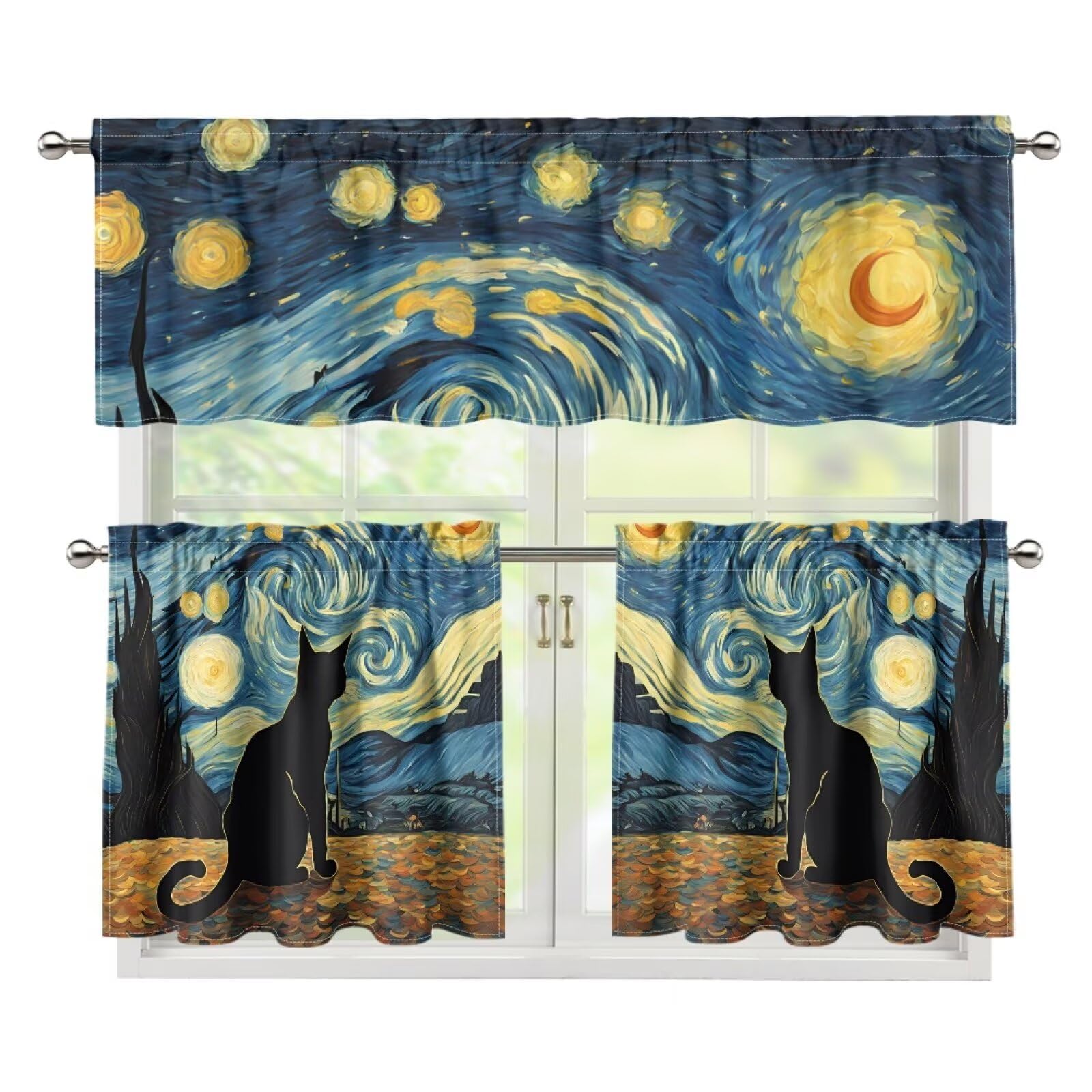 PJHEQOXE Starry Night Oil Painting Kitchen Curtains Tier Curtains and Valance 3 Pieces Set,Black Cat Small Cafe Tiers Curtains 24 Inch Length with Rod