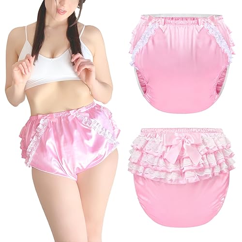 Littleforbig Washable Reusable Waterproof Ruffled Lace Bow Pretty in Pink Satin Over Adult Diaper Cover S - Small - Pink