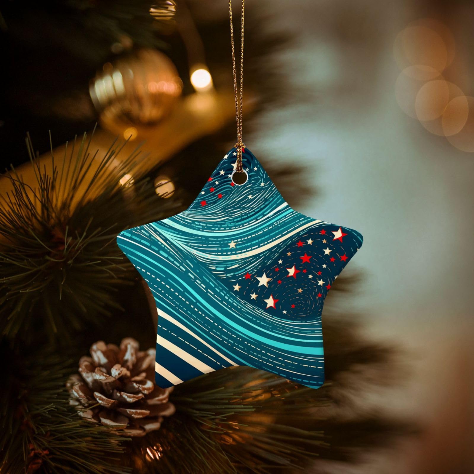 Christmas Tree Ornaments Ceramics Christmas Decorations Waves of Stars Ornaments with Gold Ribbon Porcelain Xmas Tree Crafts Star Shape Hanging Pendant for Christmas Tree Party Decor