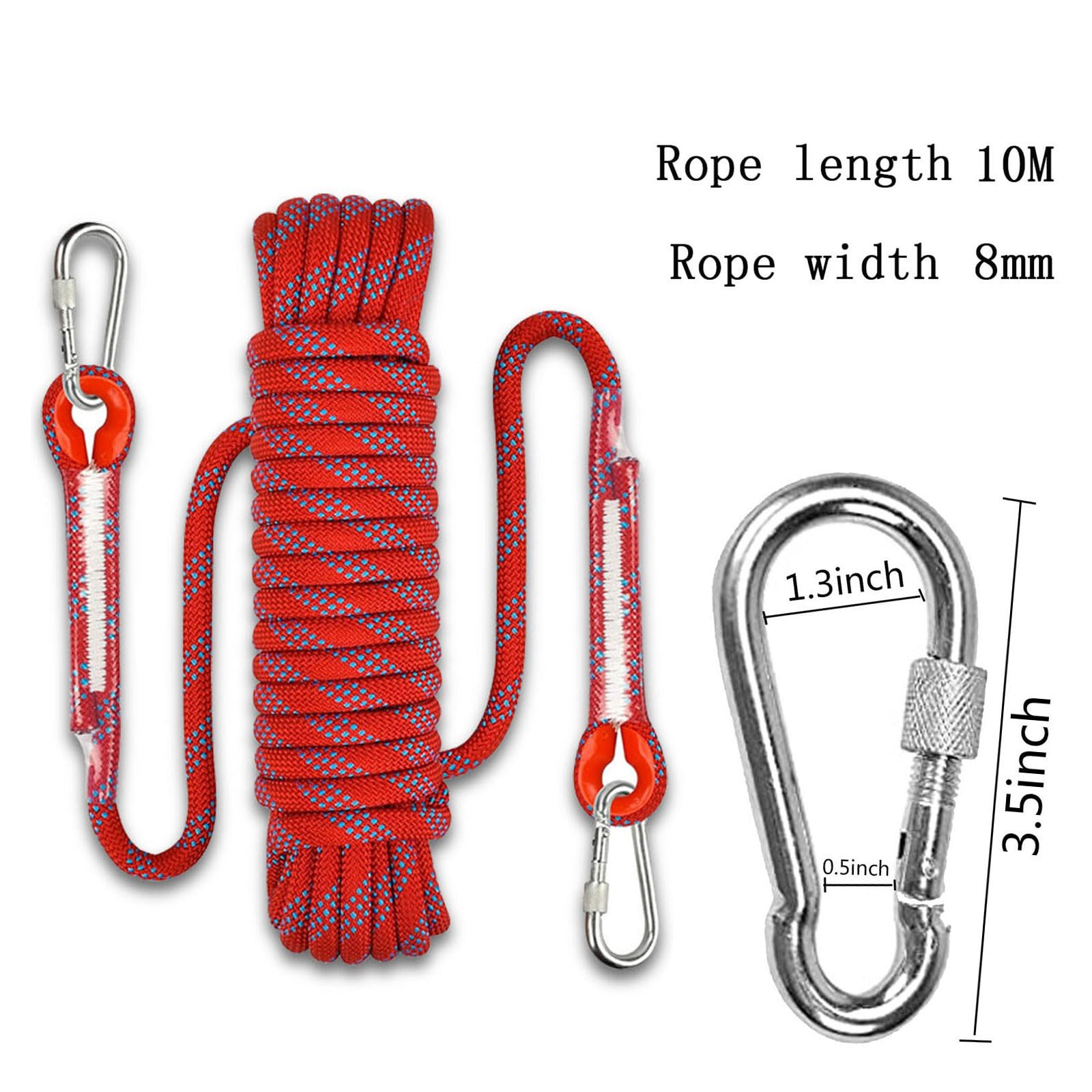 Corde D'Escalade Nylon 10m - 8mm Diamètre - 2 Mousquetons - Résistance 500kg - Pour Randonnée/Camping/Sécurité