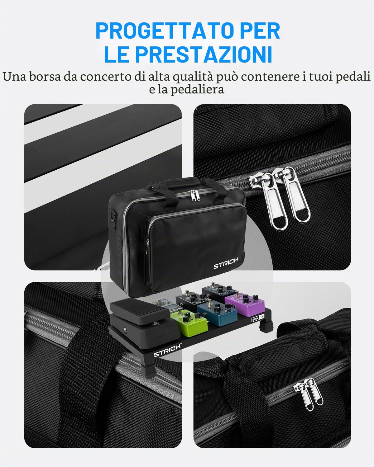STRICH Pedaliera Chitarra, Pedaliera Chitarra Elettrica in lega di alluminio, 500 g, effetto super leggero, 38 x 21 cm, con borsa per il trasporto, MINI+ 15