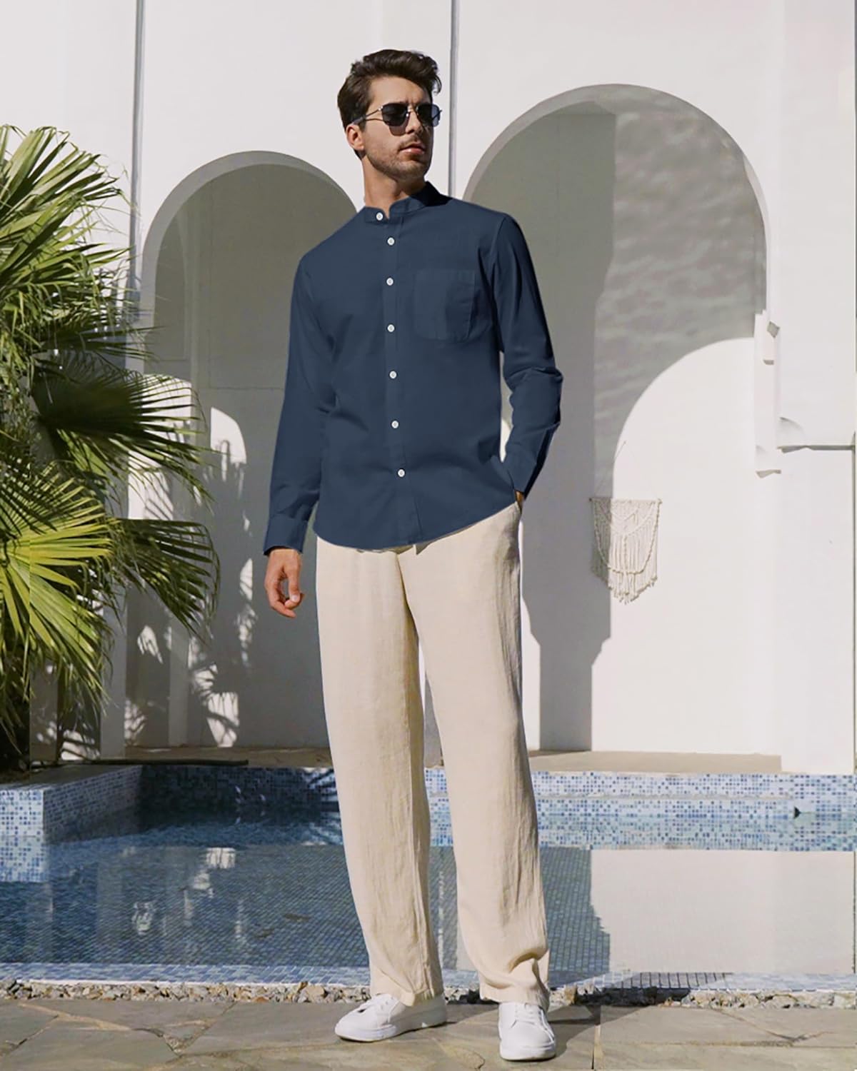 Alimens & Gentle Men's Cotton Linen Shirts Long Sleeve Button Down Shirt Band Collar Beach Shirts - Image 2