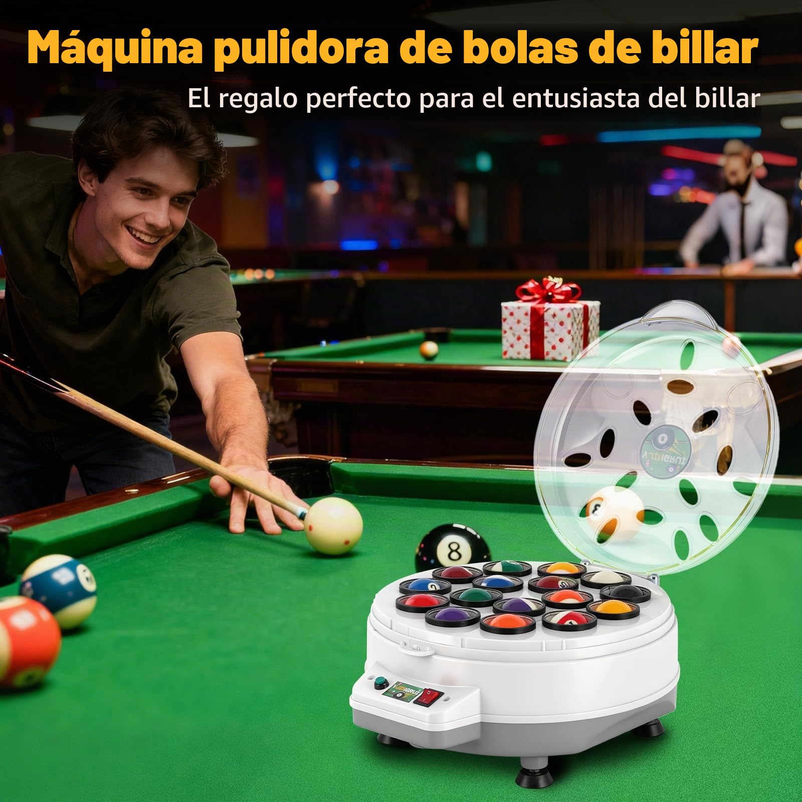 YJINGRUI Limpiador automático de bolas de billar, 16 bolas de piscina, pulidora, máquina de limpieza de bolas de billar, con llave y cepillo para bolas de billar de 57,2 mm
