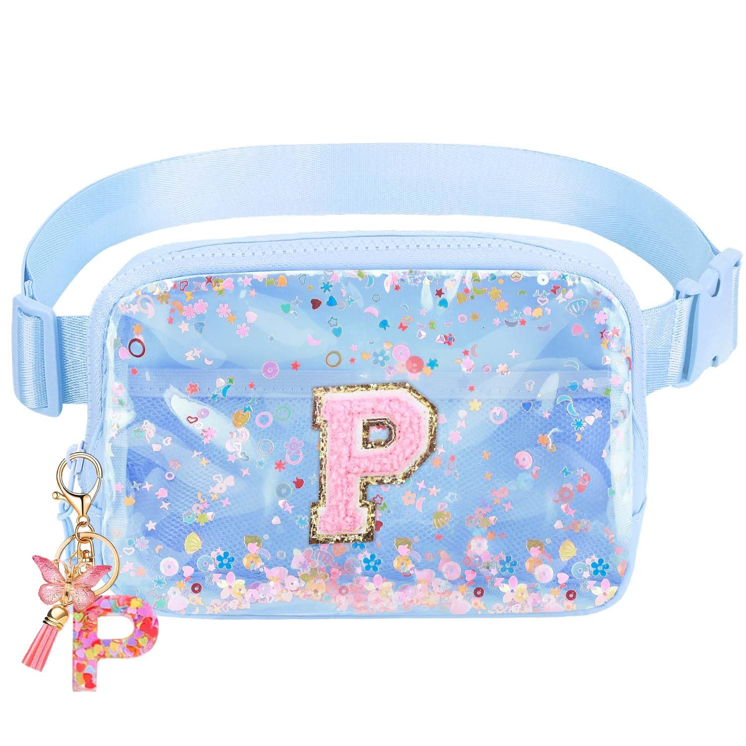 Initial Fanny Pack for Girls - Belt Bag for Teens Kid Teen Girl Kid Birthday Gift Blue Clear P