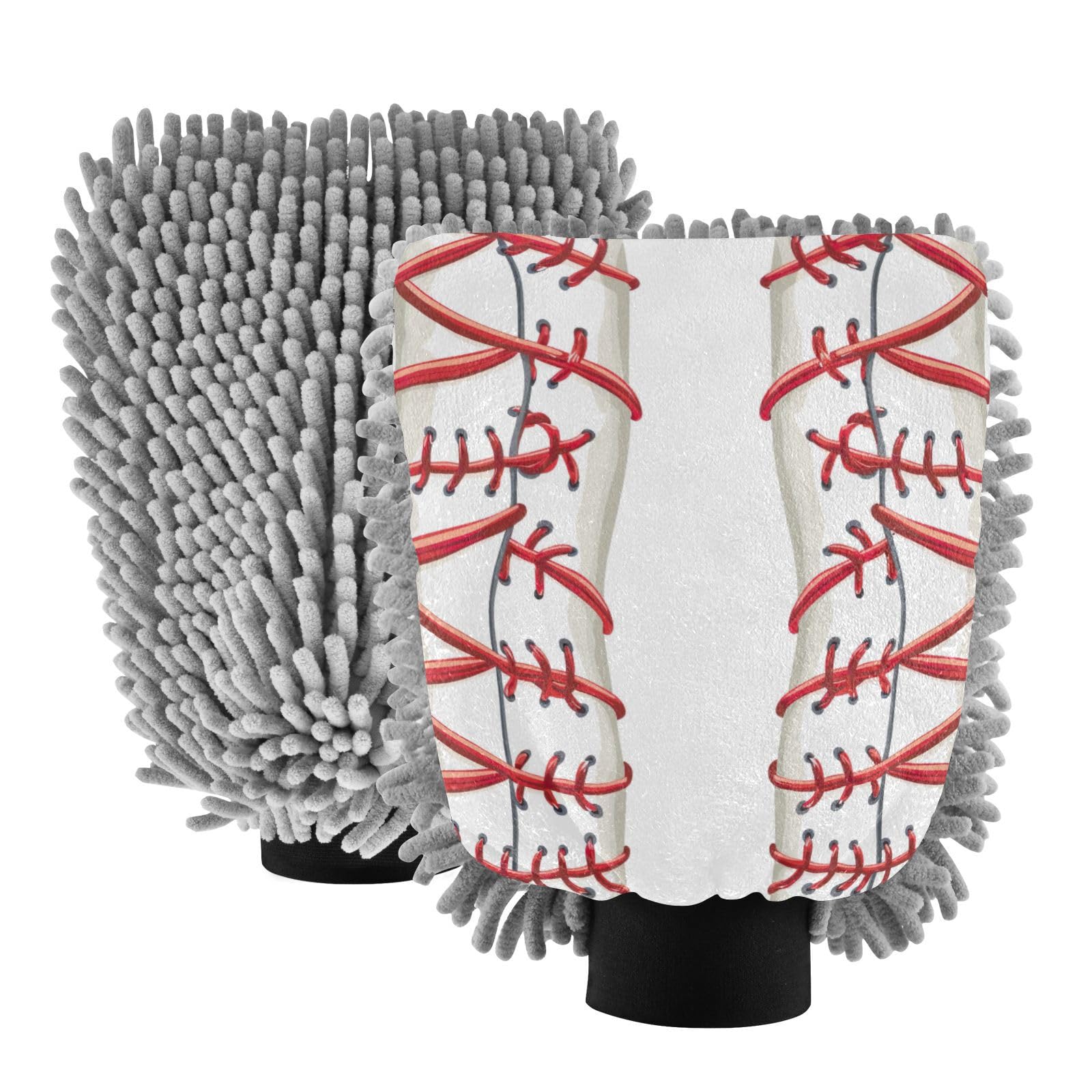 Kigai Baseball Stripes Car Wash Mitt Microfiber, 2Pcs Scratch Free Lint-Free, Premium Chenille Microfiber Mitt Car Wash Brush-M