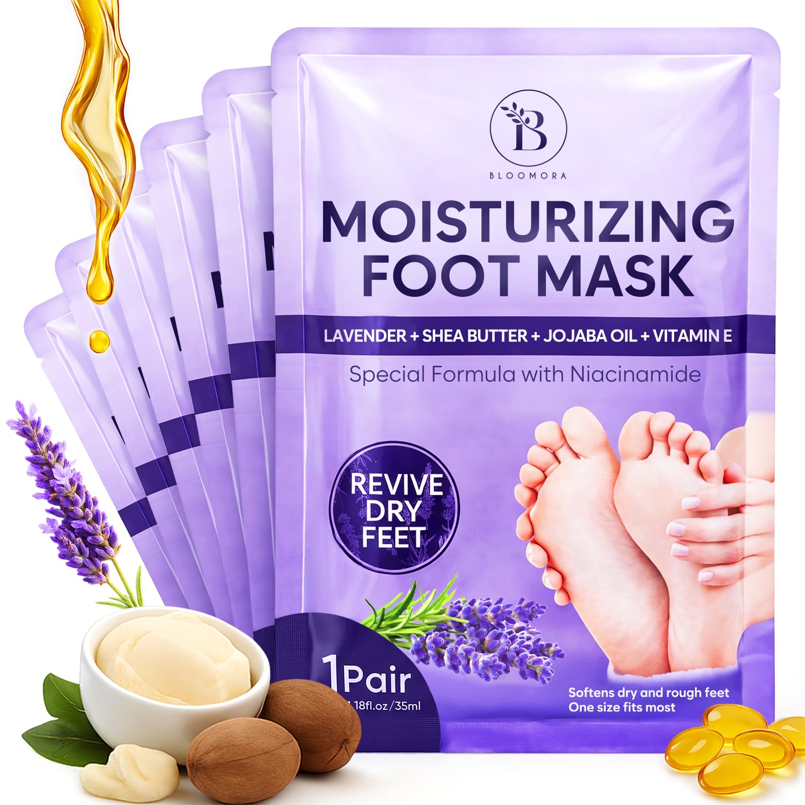 6 Paia Maschera Piedi Idratante con Estratto di Lavanda, Cura per Talloni Screpolati con Burro di Karité, Olio di Jojoba e Vitamina E, Maschera per Piedi Secchi e Screpolati