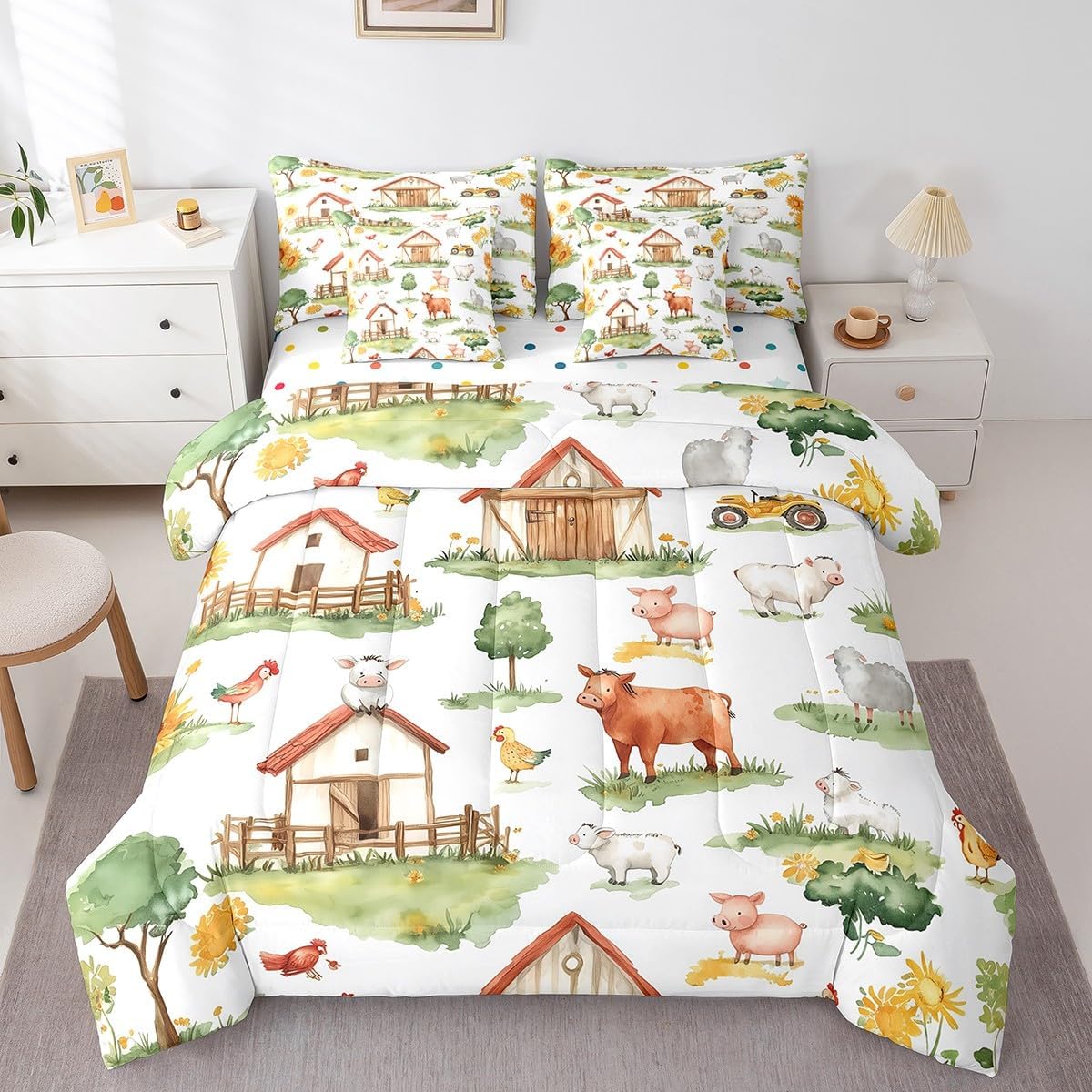 Feelyou Kids Cute Pig Cow 7 Pieces Bedding Set Full Size, Farm Animal Bed in A Bag Boys Girls Cartoon Farm Nursery Comforter Set with Sheets Rustic Farmhouse Teens Bed Set Bedroom Decor 7Pcs