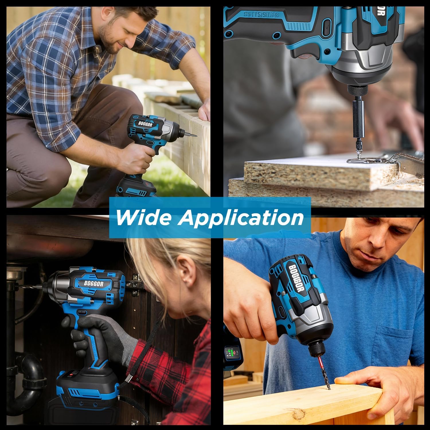 Collage of images showing the impact driver being used for various tasks like driving screws into wood, assembling furniture, and working in tight spaces.