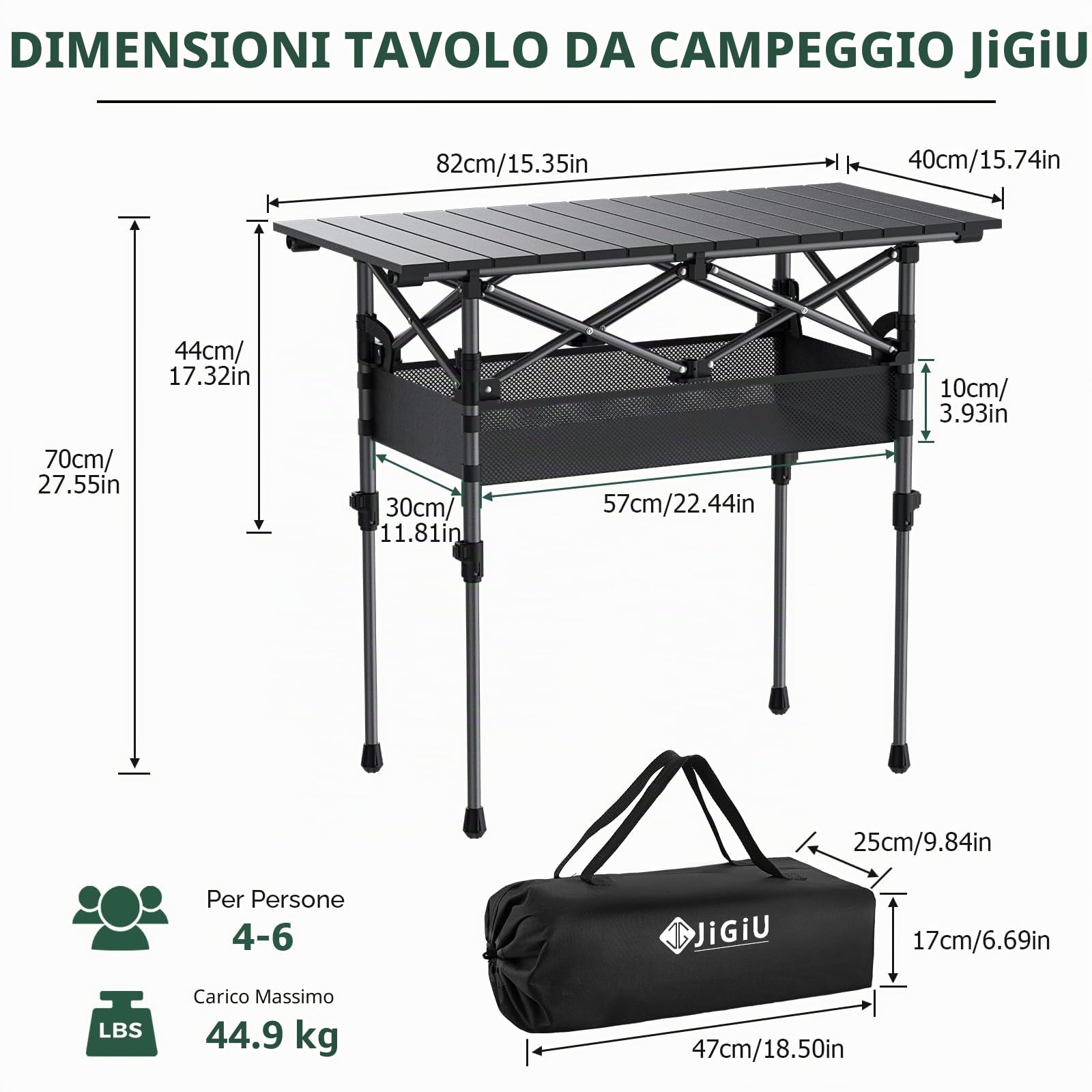 JiGiU Tavolo Pieghevole da Esterno 70 cm Nero Regolabile in Altezza-Design a Pacchetto Compatto con Rete Portaoggetti, per Campeggio, Giardino, Spiaggia e Picnic
