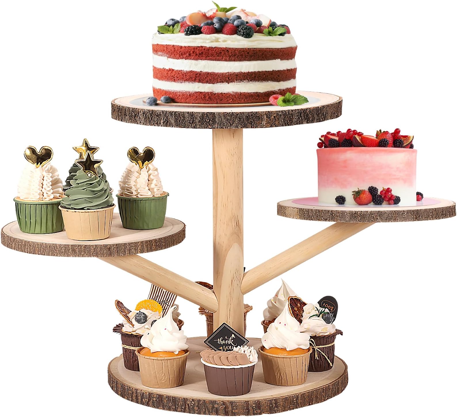 Ayfjovs 4 Tier Round Wooden Cupcake Stand, Wood Cupcake Holder, Cake Tiered Tray, Dessert Stands for Wedding Tea Party Birthday Holiday Baby Shower Dessert Display