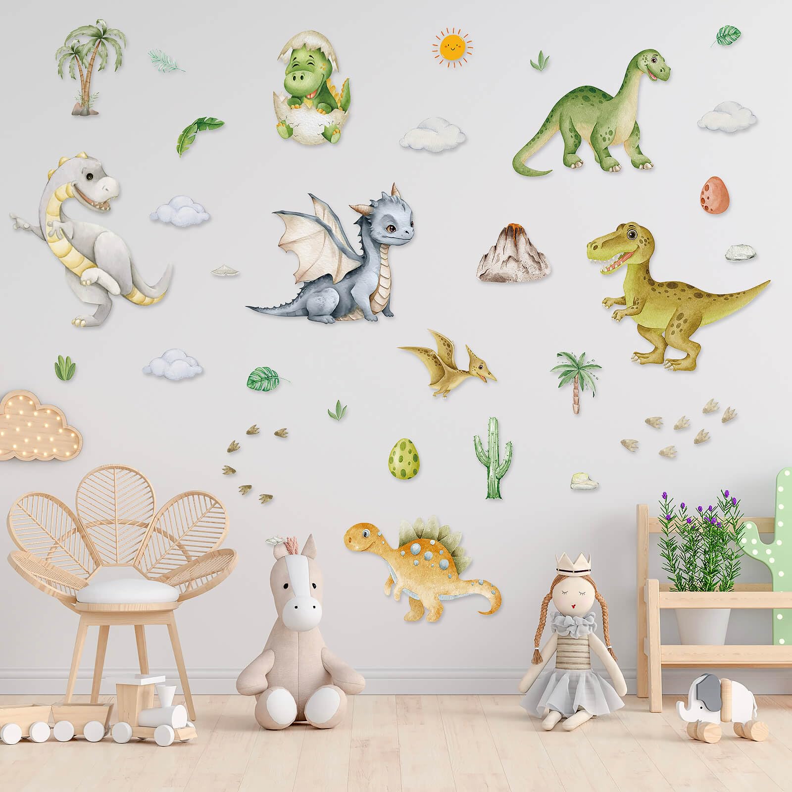 Dayker Dinosaur Wall Decals, Watercolor Dino Wall Stickers, Dinosaurs Plants Volcano Cave Peel and Stick Wall Art Decor