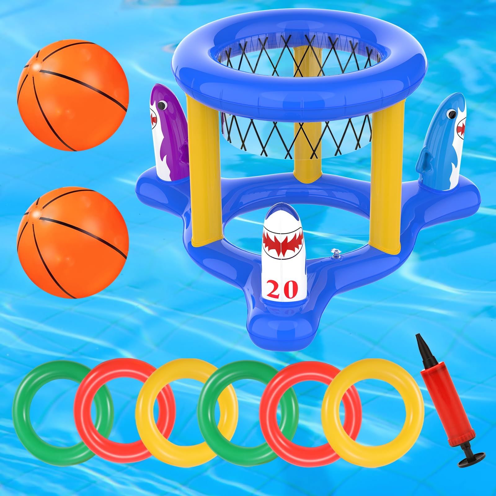 Inflatable Pool Toys Basketball Hoop & Ring Toss Game, 2-in-1 Pool Toys Games Set, Swimming Pool Games Summer Pool Toys for Kids Adults Family