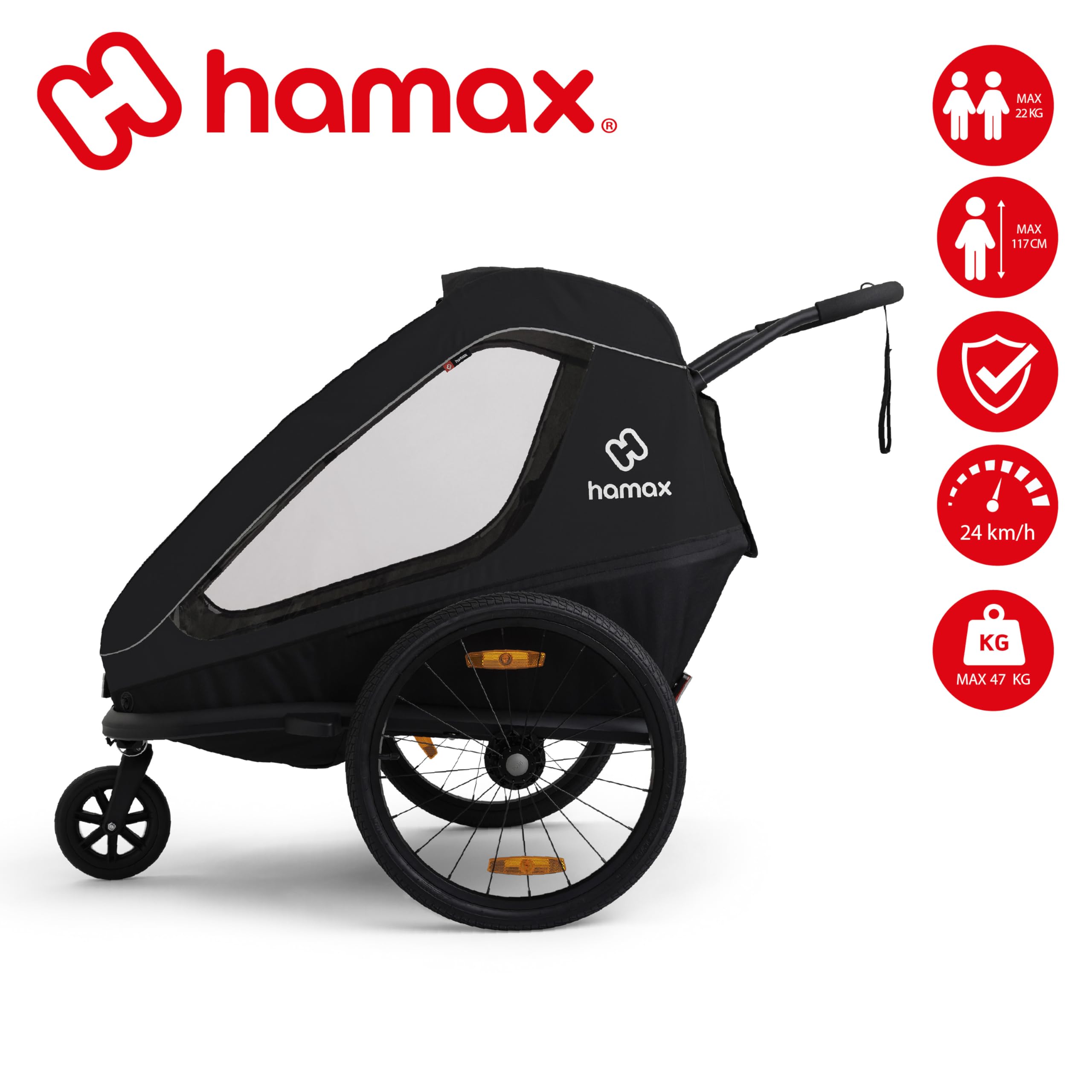 Hamax - Trailer Traveller a 2 posti - Rimorchio Bici e Passeggino - Massima sicurezza - Imbracatura a 5 punti - Riflettori multipli - Leggero e pieghevole - per bambini fino a 22 kg
