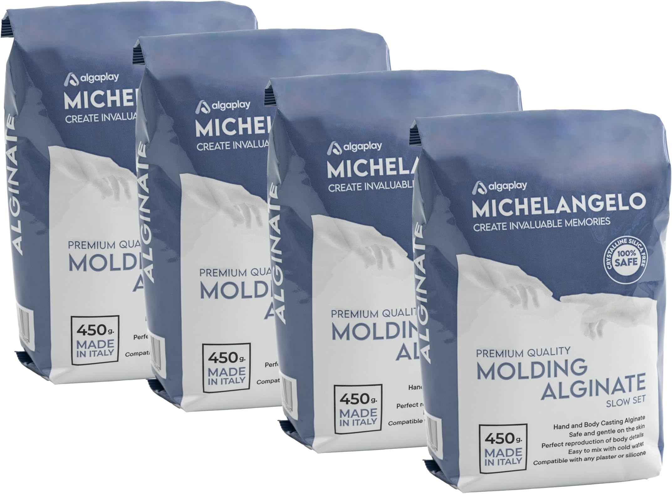 Algaplay Michelangelo Moulding Alginate Slow Setting. Chromatic Alginate for High Precision Fingerprints, Perfect for Making Hand or Body casts. Made in Italy. (4 Envelopes)