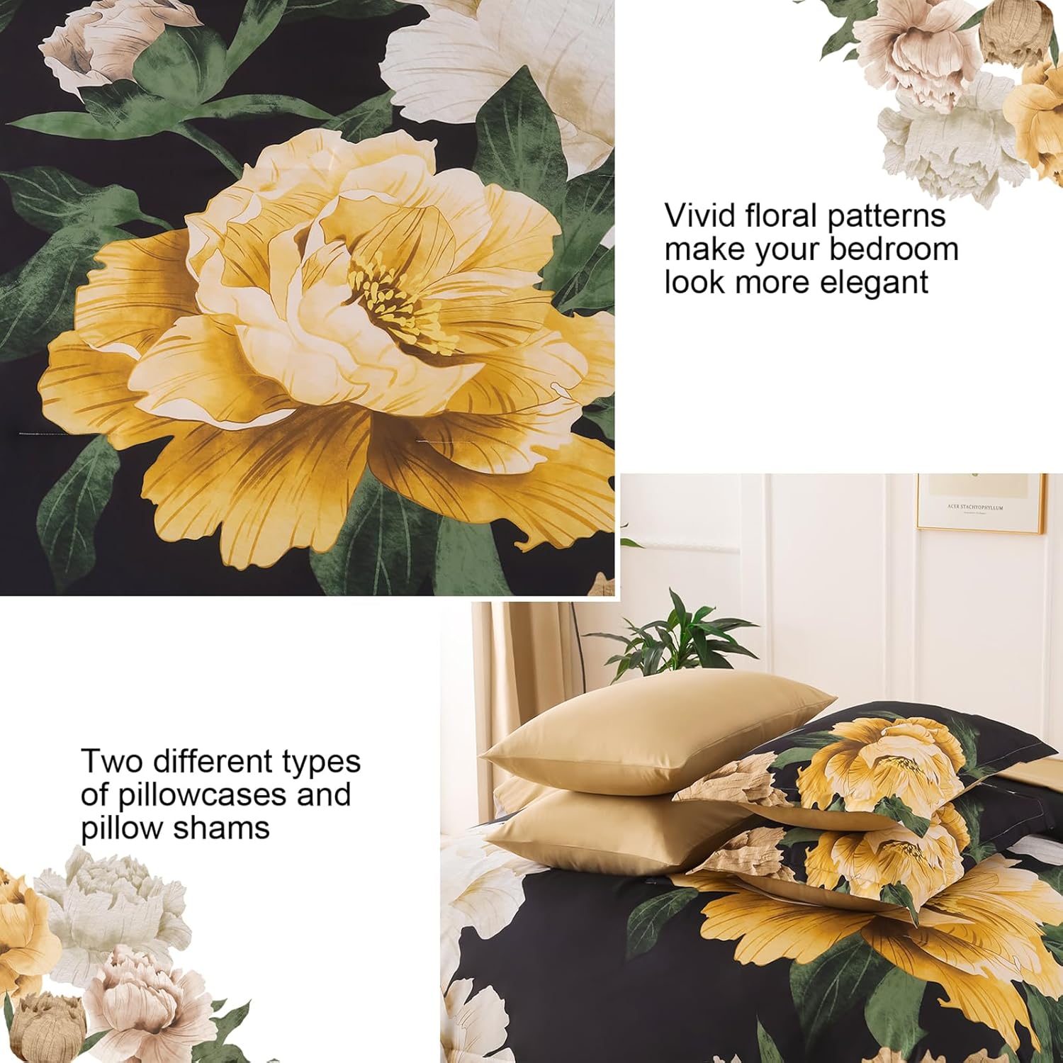 Dobuyly Black Floral Comforter Set Queen 7 Piece Bed in a Bag, Yellow Brown Flower Printed on Black Comforter Set with Sheets, Soft Microfiber Botanical Boho Bedding Set for All Season - Image 5