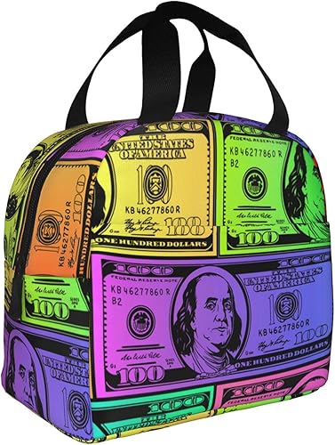 Miniatura 2 de Bolsas de almuerzo aisladas con dinero estadounidense, bolsa de almuerzo colorida para damas, bolsa de almuerzo unisex reutilizable portátil con
