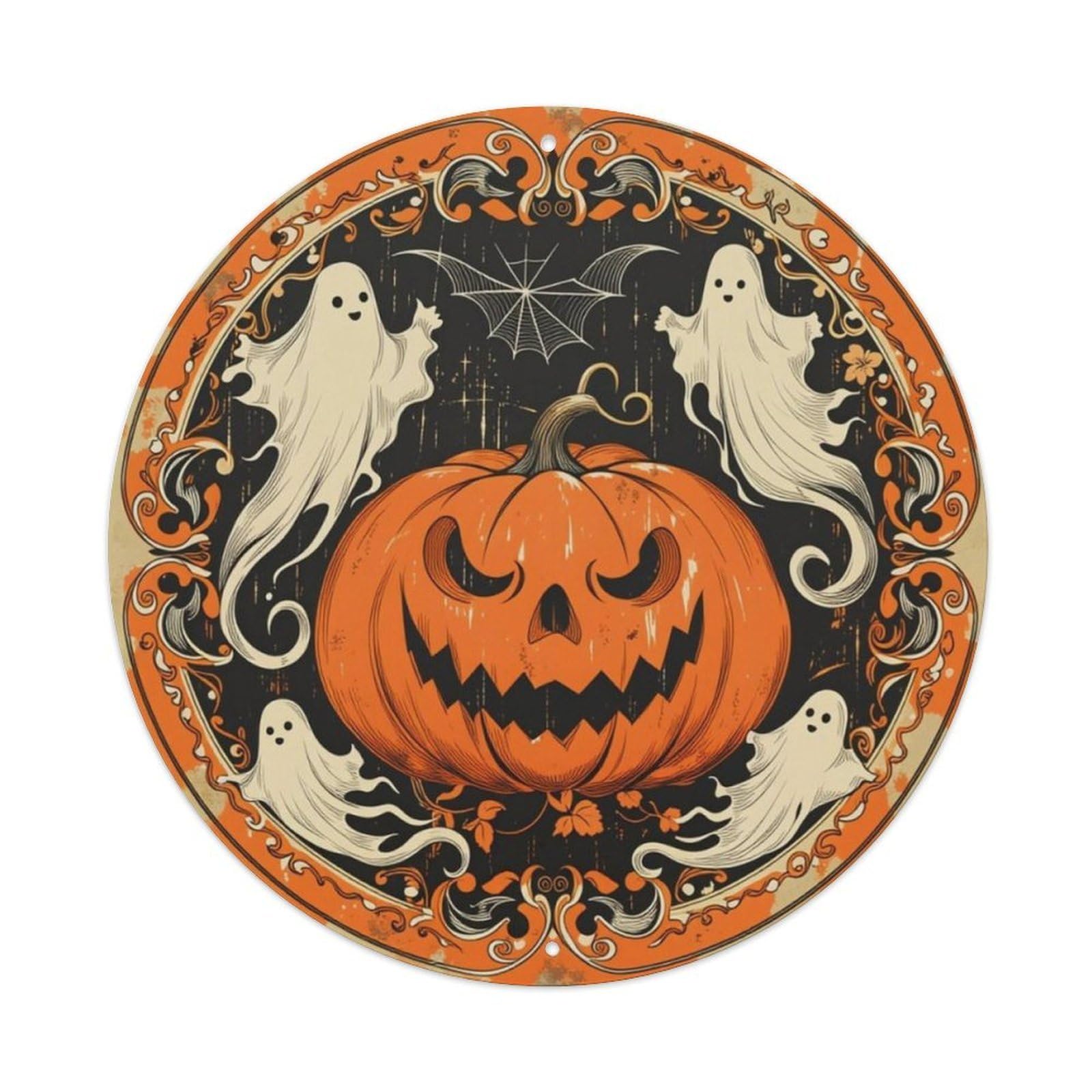 Vintage Halloween Pumpkin Ghost Round Wall Decor Sign Vintage Aluminium Metal Sign, Retro Wall Decor for Home, Bar, Garage & Farmhouse 20x20cm