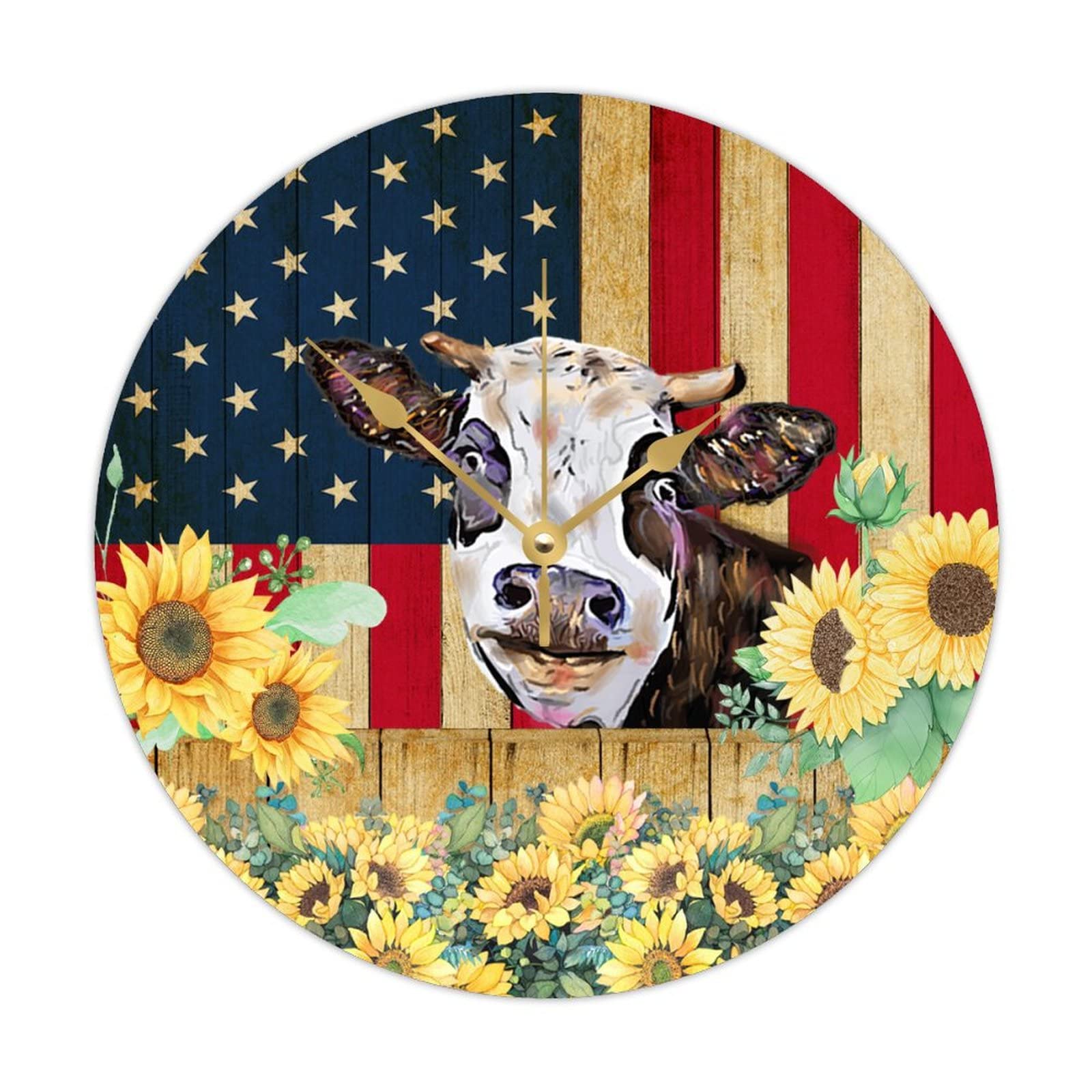Horloge murale vintage pour cuisine et salon motif vache rustique et tournesols jaunes