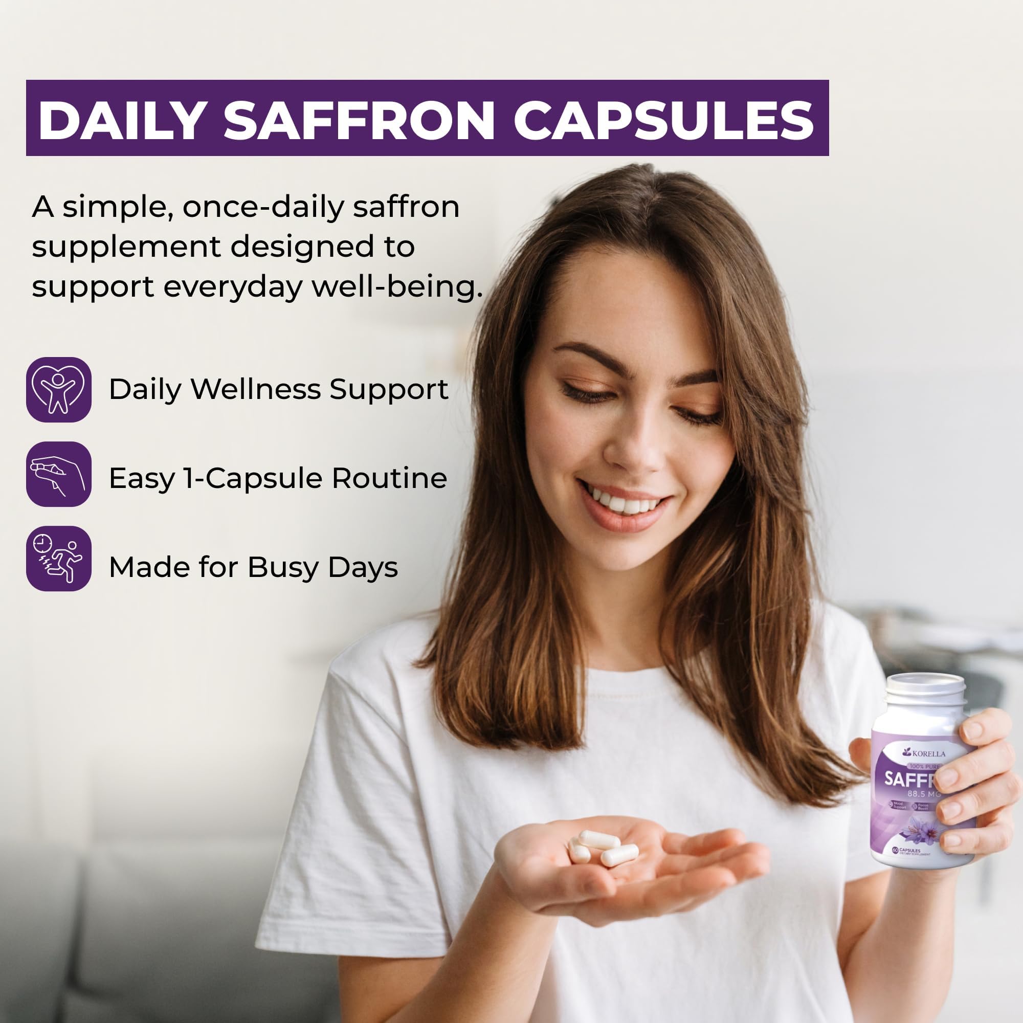 KORELLA Saffron Supplement 88.5 mg – Pure Saffron Extract Capsules for Wellness, Energy Support & Focus – Pure Saffron Supplements - Natural Saffron Pills for Men & Women – 60 Count — Amazon image 2