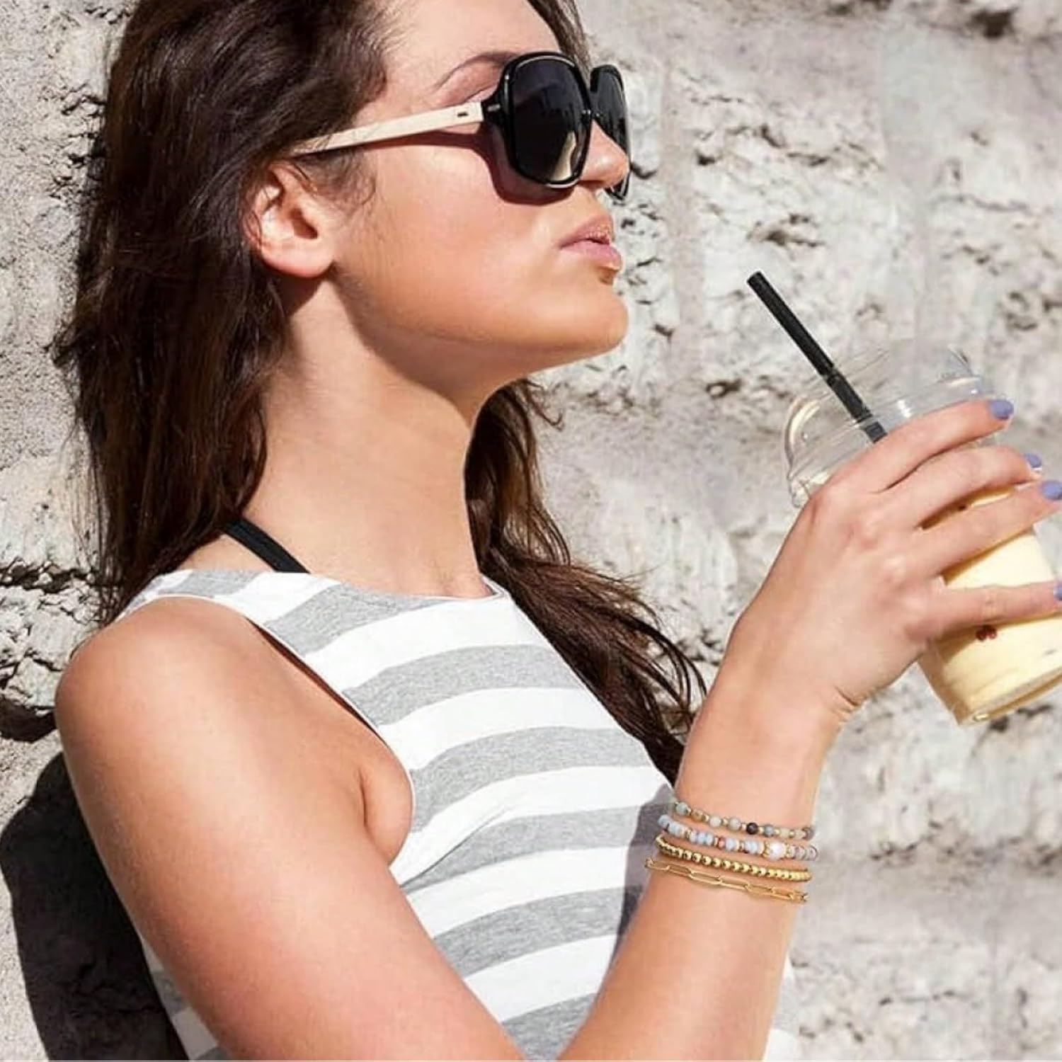 Gold Beaded Bracelet for Women,14K Plated Adjustable Stackable Link Natural Stone Bracelets,Non Tarnish Fashion Jewelry Set Gifts for Women Birthday Friendship - Image 3