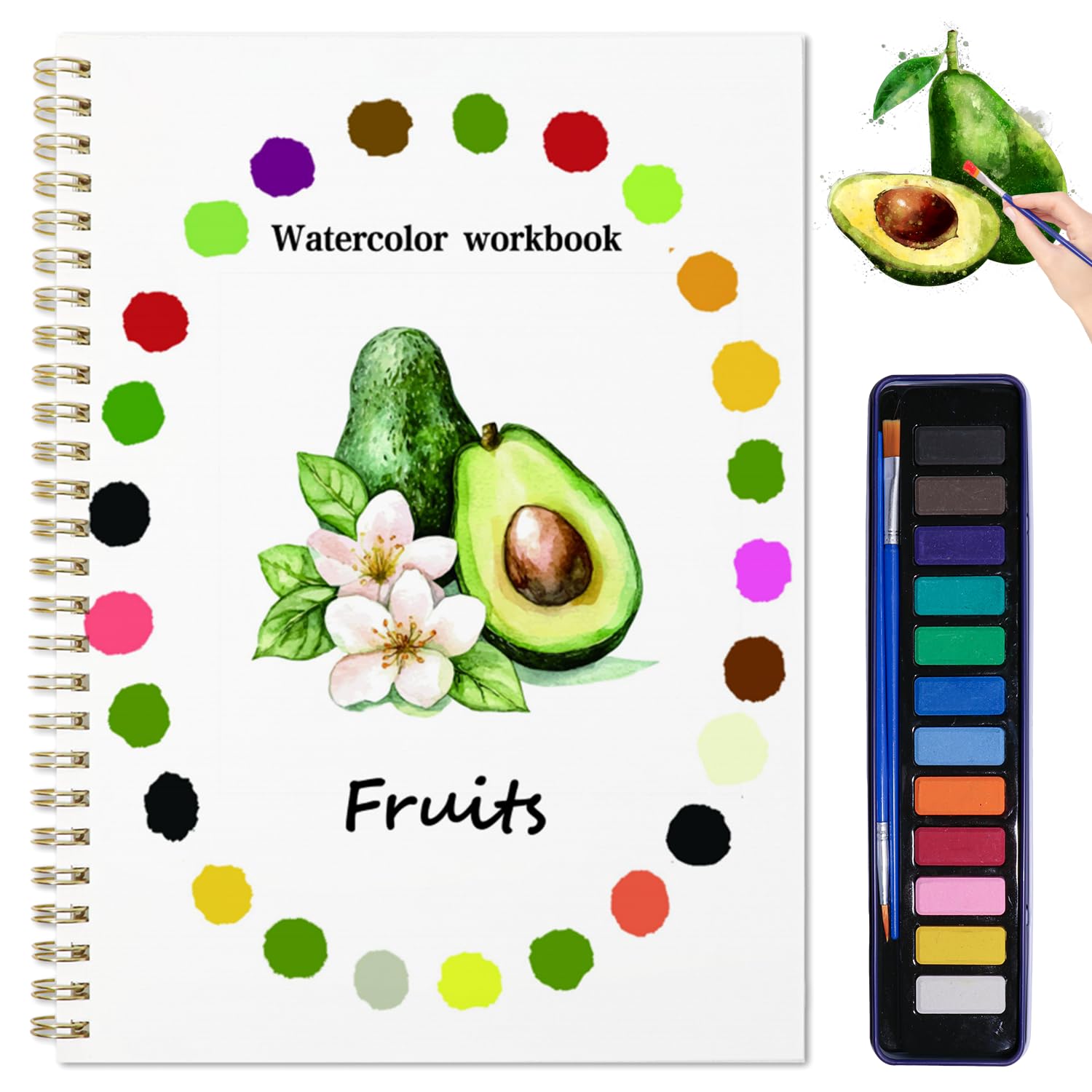 Watercolor Workbook, Water Coloring Book, 12 Different Patterns of Original DIY Designs, 12 Colors Watercolor Paint Set with Palette and Brush, Beginner-Friendly Watercolor Workbooks（Fruits）