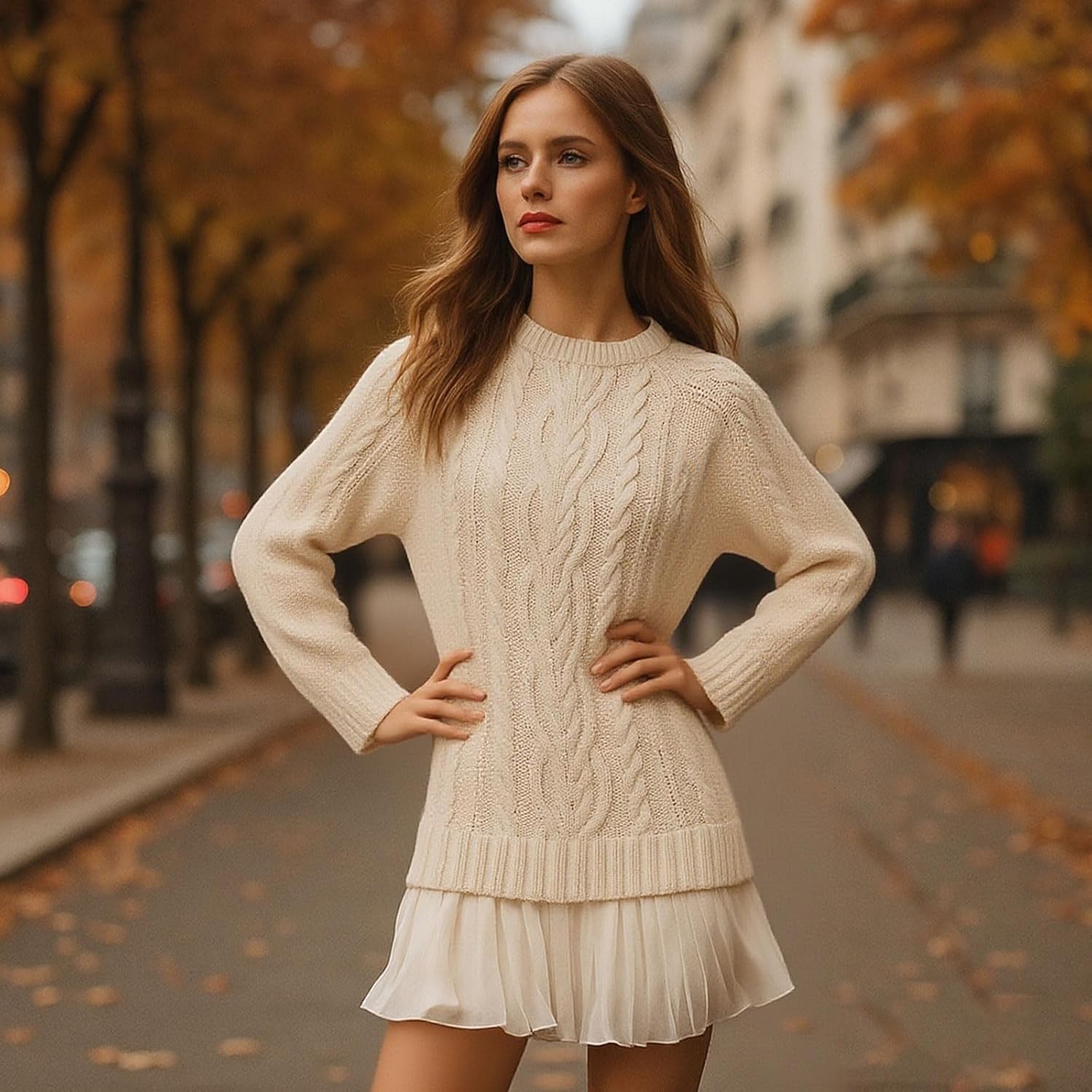 Sweater Dress with Skirt,Cable Knit Sweater Dress,Womens Fall Casual Pleated Mini Twofer Style Patchwork Sweater Dresses - Image 5