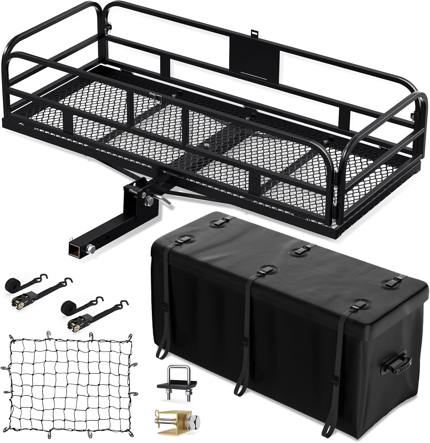 Hitch Cargo Carrier 500 LBS Capacity Vehicle Trailer Baskets 60" x 24" x 14" Fits 2" Receiver with Waterproof Cargo Bag, Cargo Net, Ratchet Straps & Dual Tightener Basket+Bag+Net