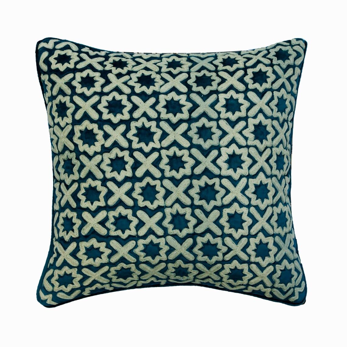 The HomeCentric Decorativo Azul Cojin Personalizado, 50 x 50 cm Terciopelo Amortiguar, Cojín con Celosía y Enrejado, Bordado Boucle, Geométrico Amortiguar, Arte Deco Cojin Personalizado - Alston