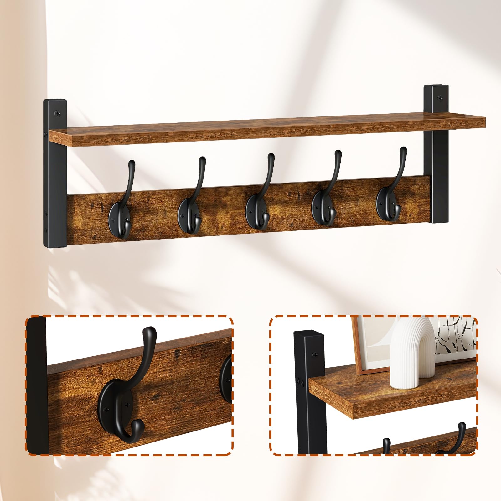 YMYNY Appendiabiti da Ingresso, Attaccapanni da Parete, Mensola da Muro con 10 Ganci, per Ingresso, Soggiorno, Cucina,120 * 11 * 19.5CM Marrone Vintage HWS004H-2