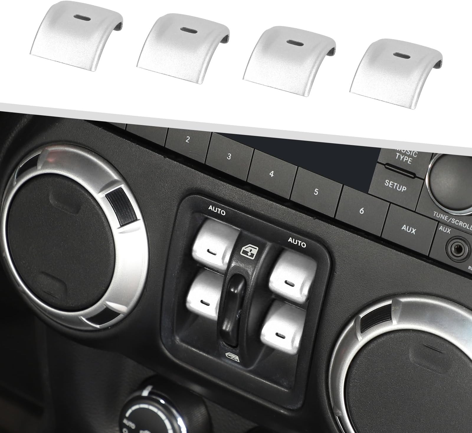 Jimen for JK Window Button Covers, 4PCS Center Console Window Switch Cover Interior Trim Kits Compatible with Jeep Wrangler JK & Unlimited 2012-2018, Aluminum Alloy (Silver)
