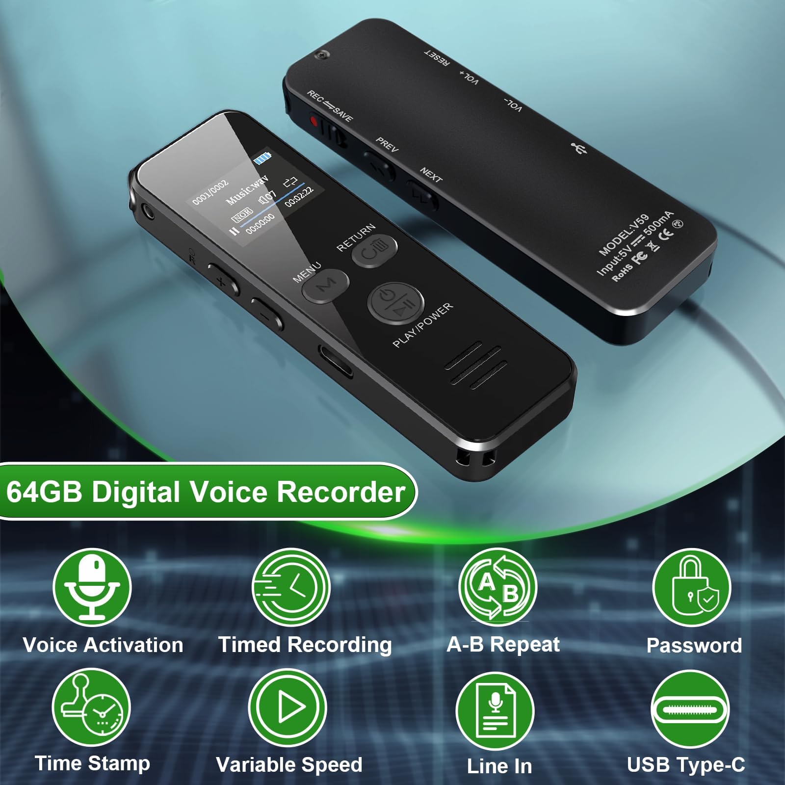 64 GB digitales Diktiergerät, 60 Stunden Akkulaufzeit, sprachaktivierte Aufnahme, Metallgehäuse, One-Touch-Aufnahme, USB-C wiederaufladbar, perfekt für Meetings, Unterricht und Interviews