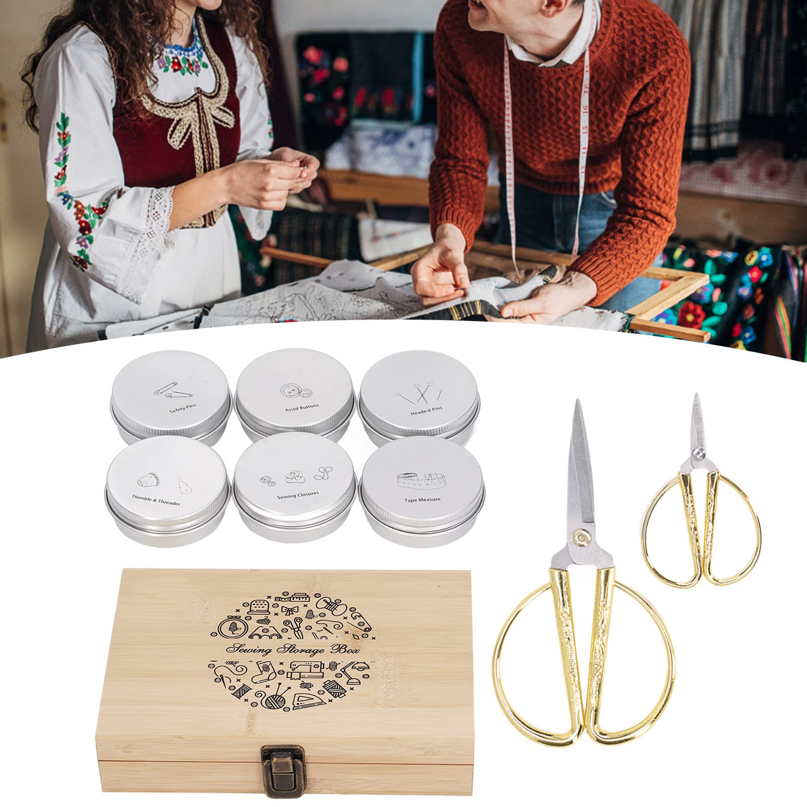 Caja de costura de madera con kit de costura completo, suministros de costura premium, almacenamiento de doble capa para botones, alfileres, hebillas, incluye tijeras, dedal,