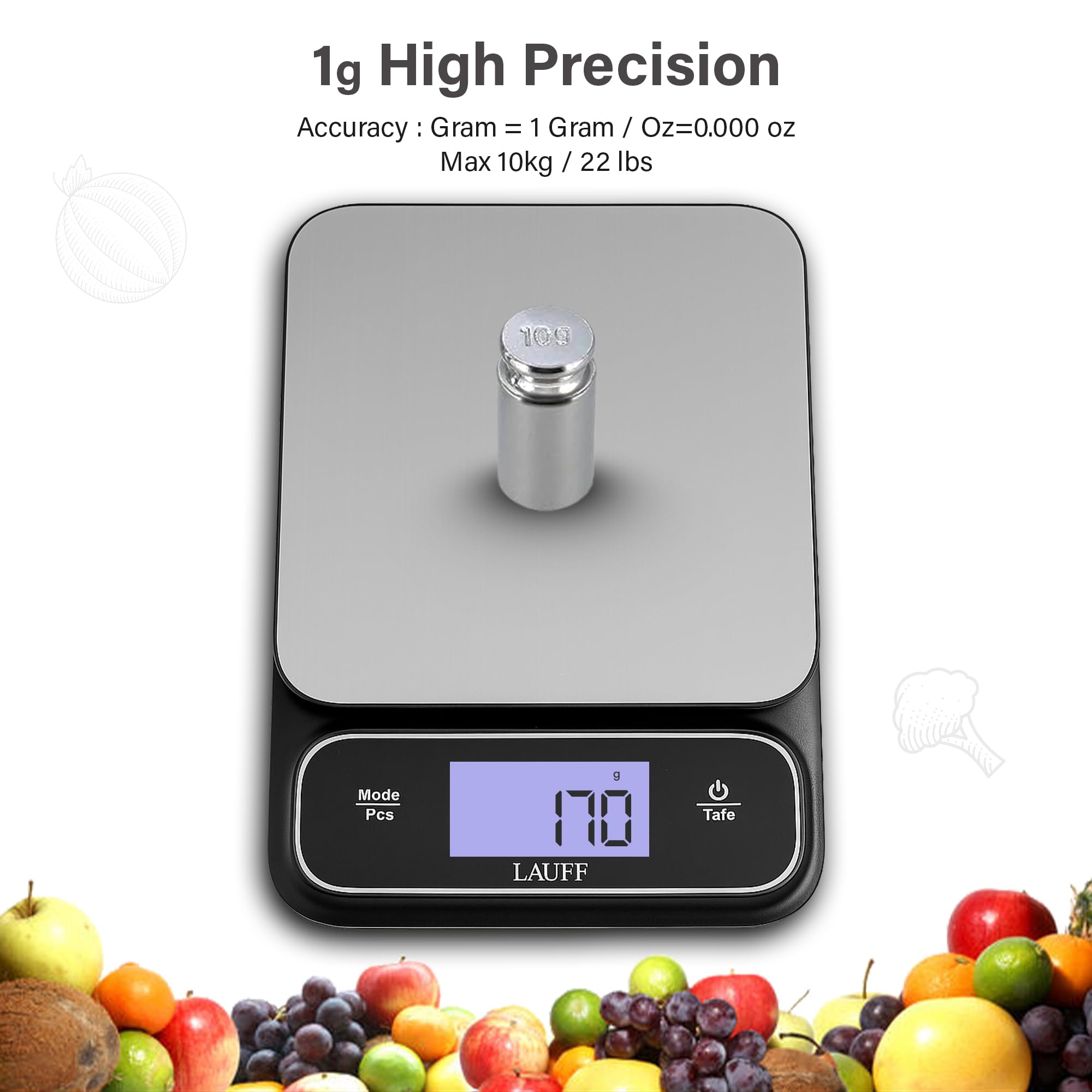 Lauff Lebensmittelwaage, 10 kg, digitale Küchenwaage, Gewicht Gramm und oz zum Kochen, Backen, 1 g präzise Graduierung