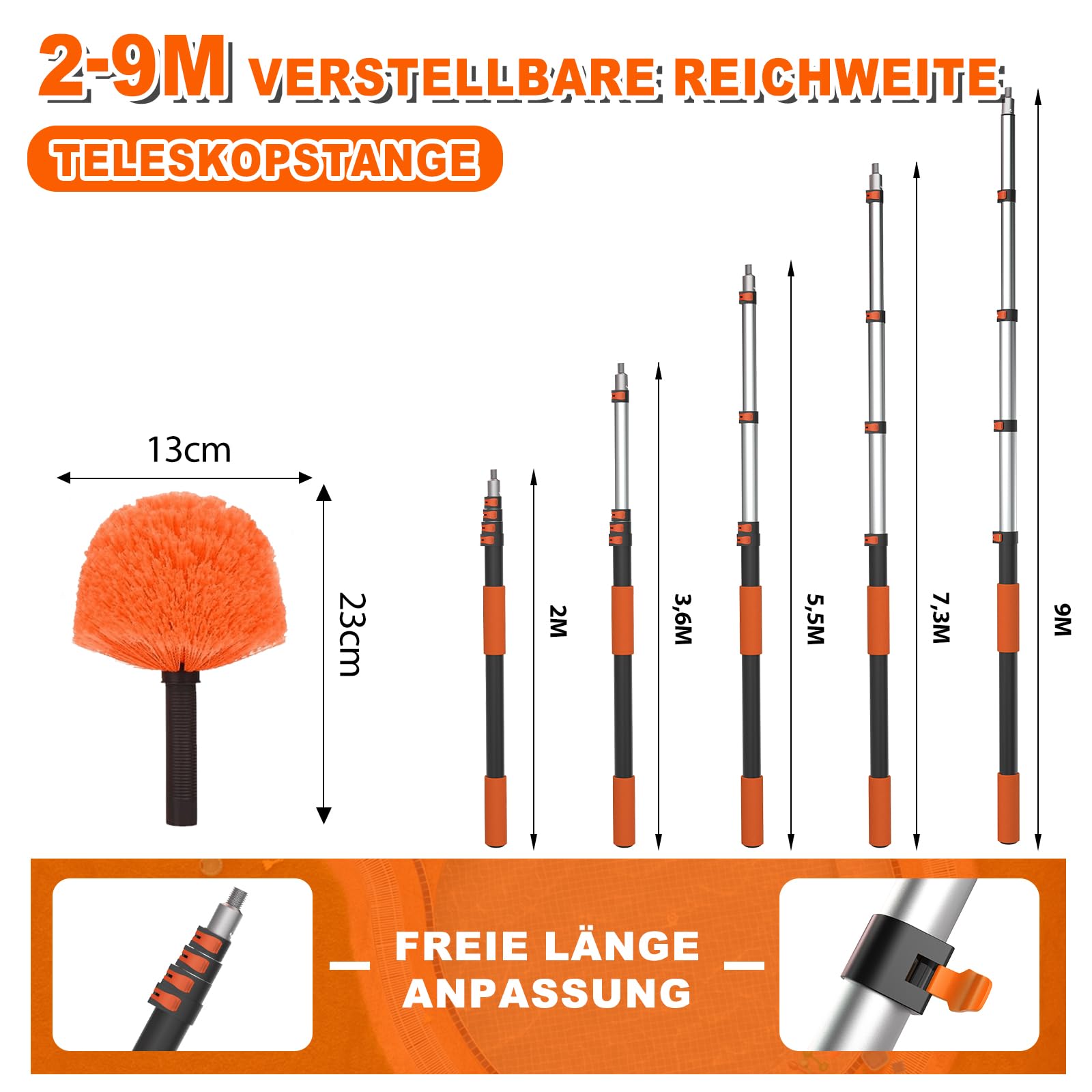 SISUPASSIE 9M Staubwedel Teleskop, Spinnenwebenentferner mit Teleskopstiel, ausziehbarer waschbarer Staubwedel für die Reinigung von Decken, Ecken und Möbeln