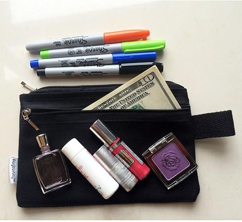 Miniatura 4 de bolsa de lona de 100% algodón, con cierre, bolsillo para maquillaje, celular, plumalapicera, 5 unidades, 16 onzas, Negro M