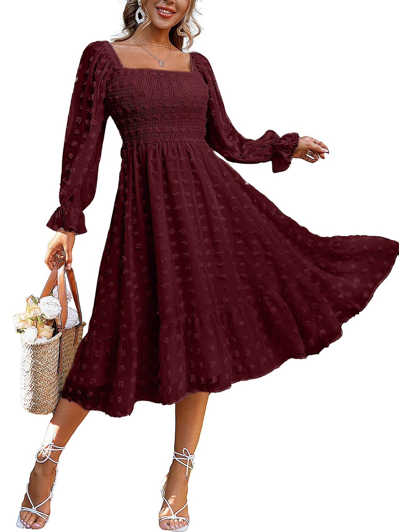 Amegoya Women's Boho Flowy Long Sleeve Square Neck Floral Midi Dress Smocked Spring Fall Wedding Guest Dresses